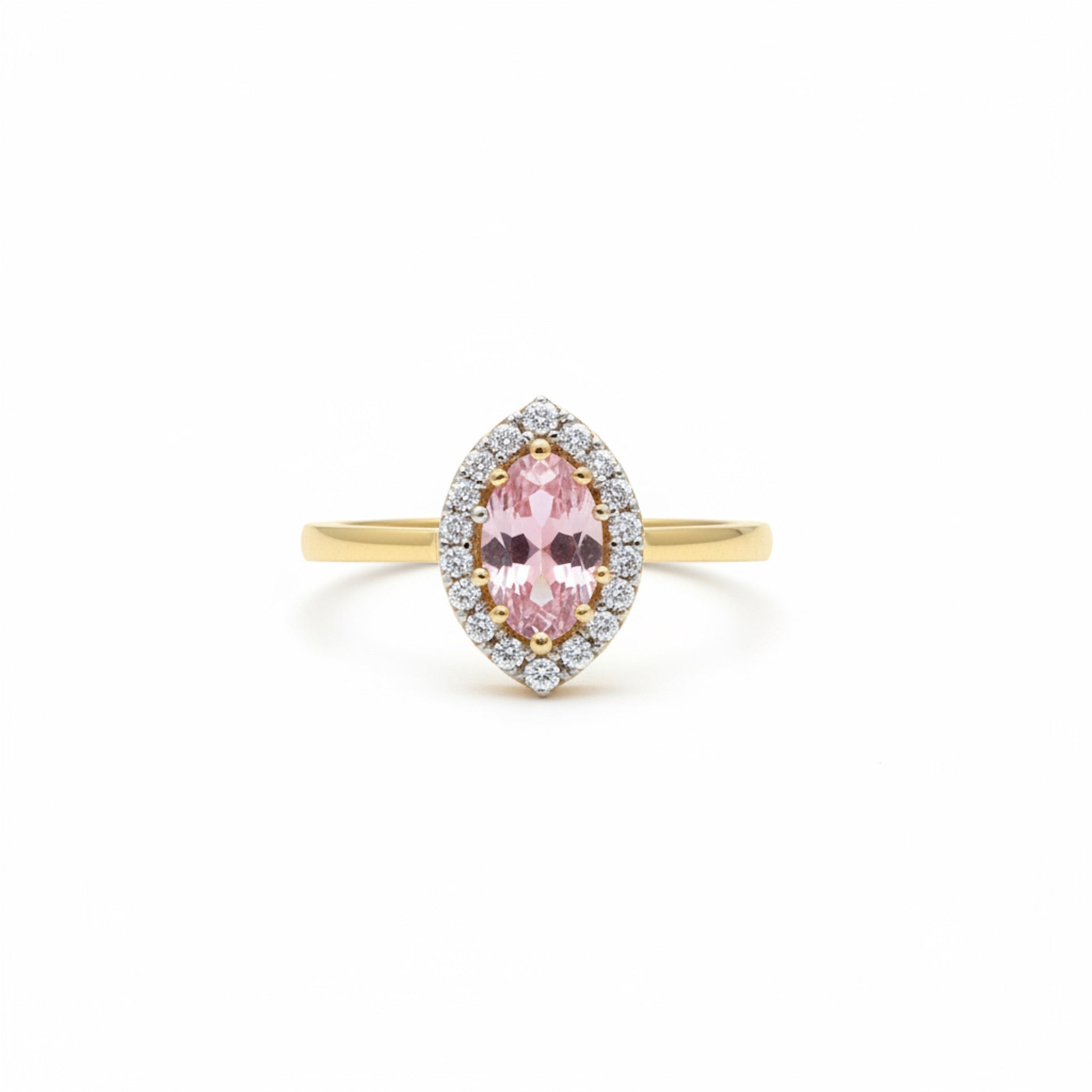 Anillo de Oro 14K con circonia rosada marquesa y halo de circonias - TuOro