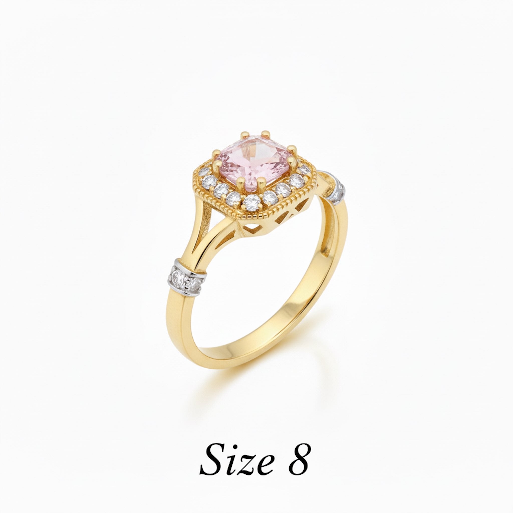 Anillo de Oro 14K con circonia rosada marquesa y halo de circonias vista frontal - TuOro