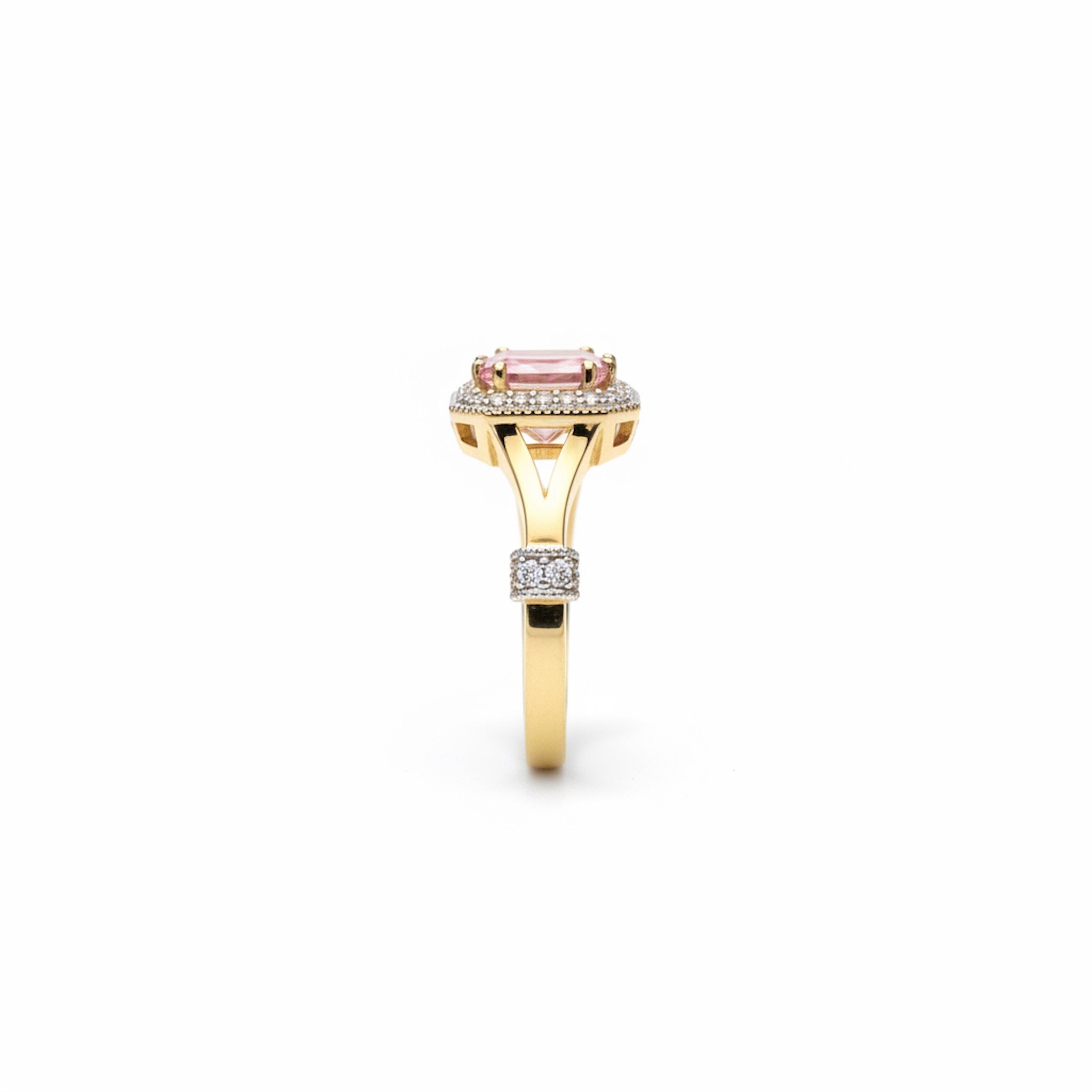 Perfil de anillo de Oro 14K con circonia rosada marquesa y halo de circonias - TuOro