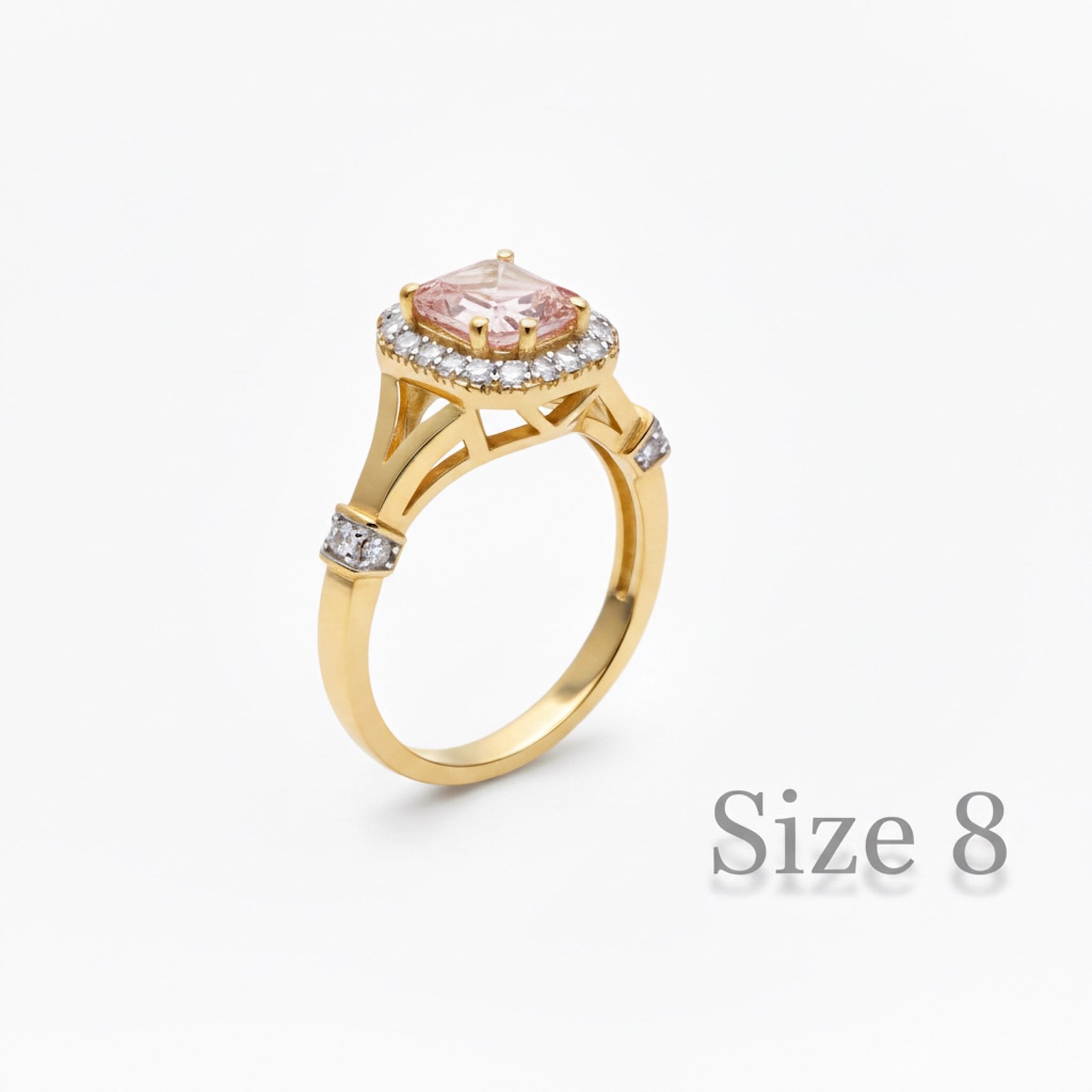 Anillo de Oro 14K con circonia rosada marquesa vista lateral con halo de circonias - TuOro