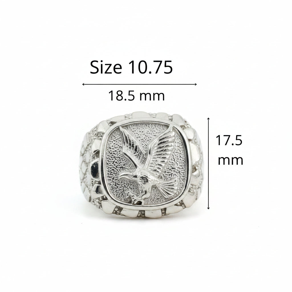 Anillo de Sello con Águila de Plata 925 con guía de medidas de la parte superior y talla de referencia para facilitar la elección.