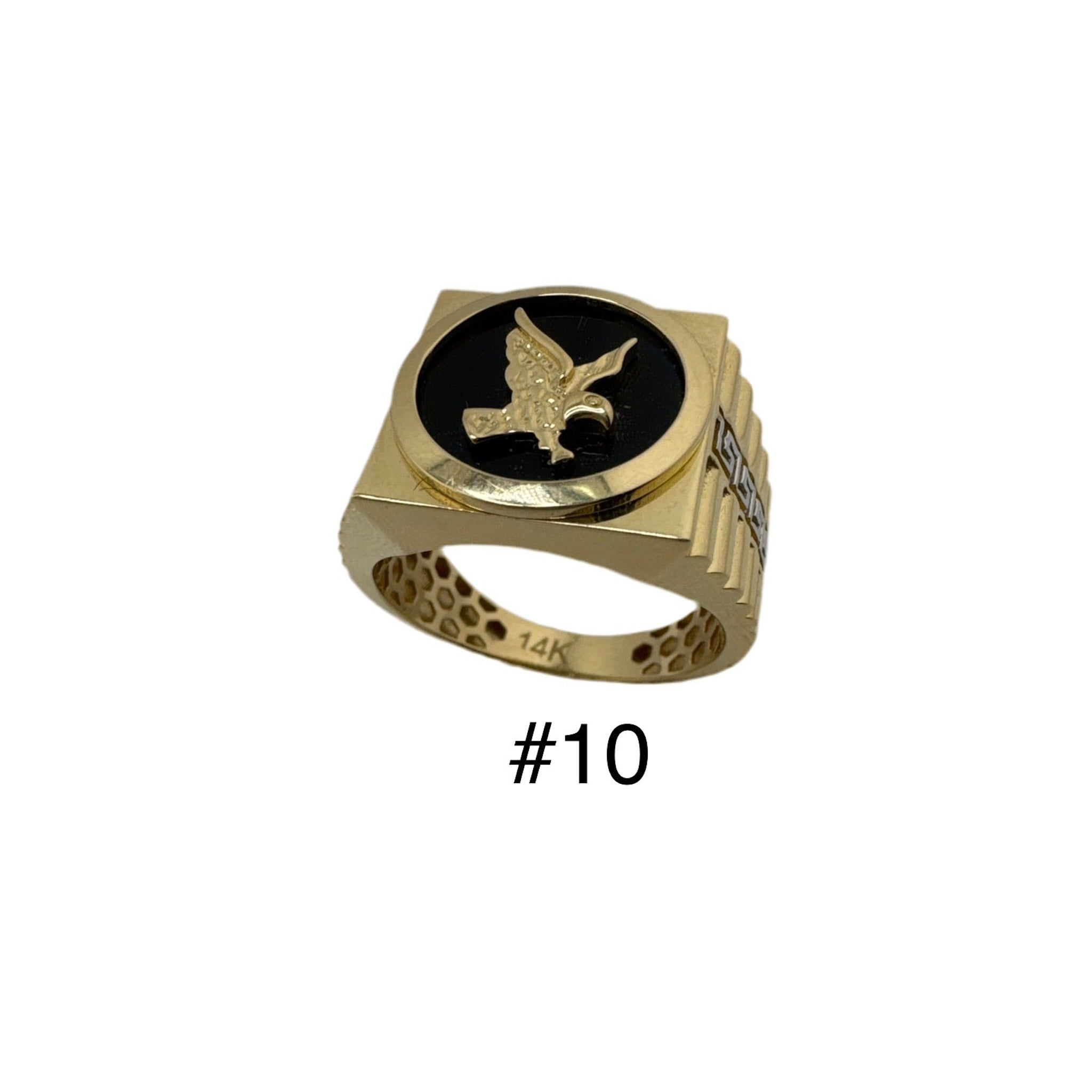 Anillo de sello clásico en Oro 14K con galería y águila frontal sobre ónix talla 9 1/2 de TuOro