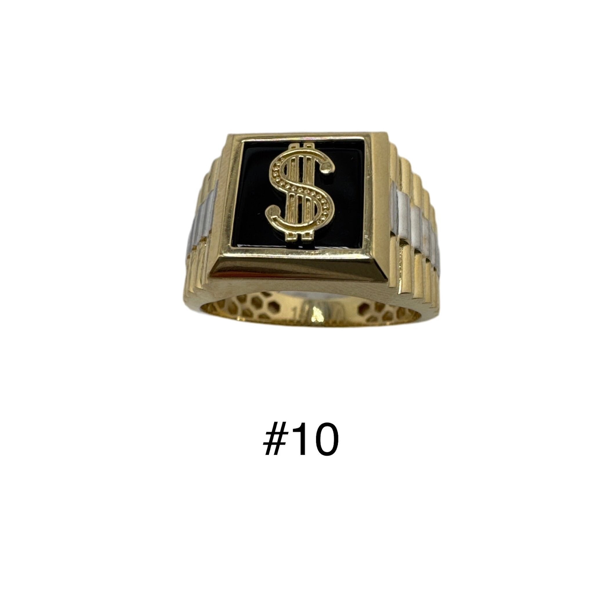 Anillo de sello clásico en Oro 14K con galería y signo de peso frontal sobre ónix talla 9 1/2 de TuOro