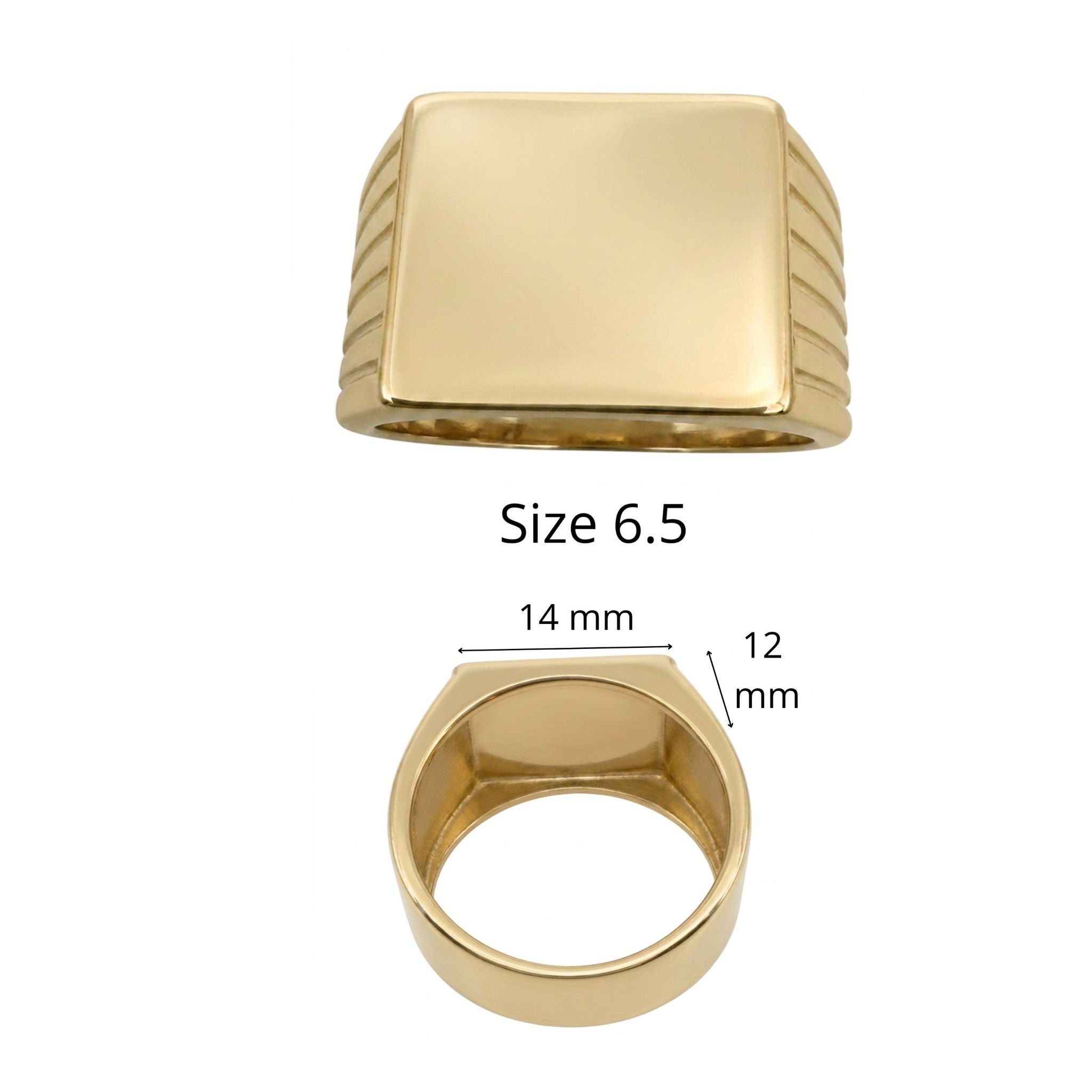 Anillo de sello para meñique en oro 10K TuOro® talla 6.5, con sello rectangular de 14 x 12 mm.