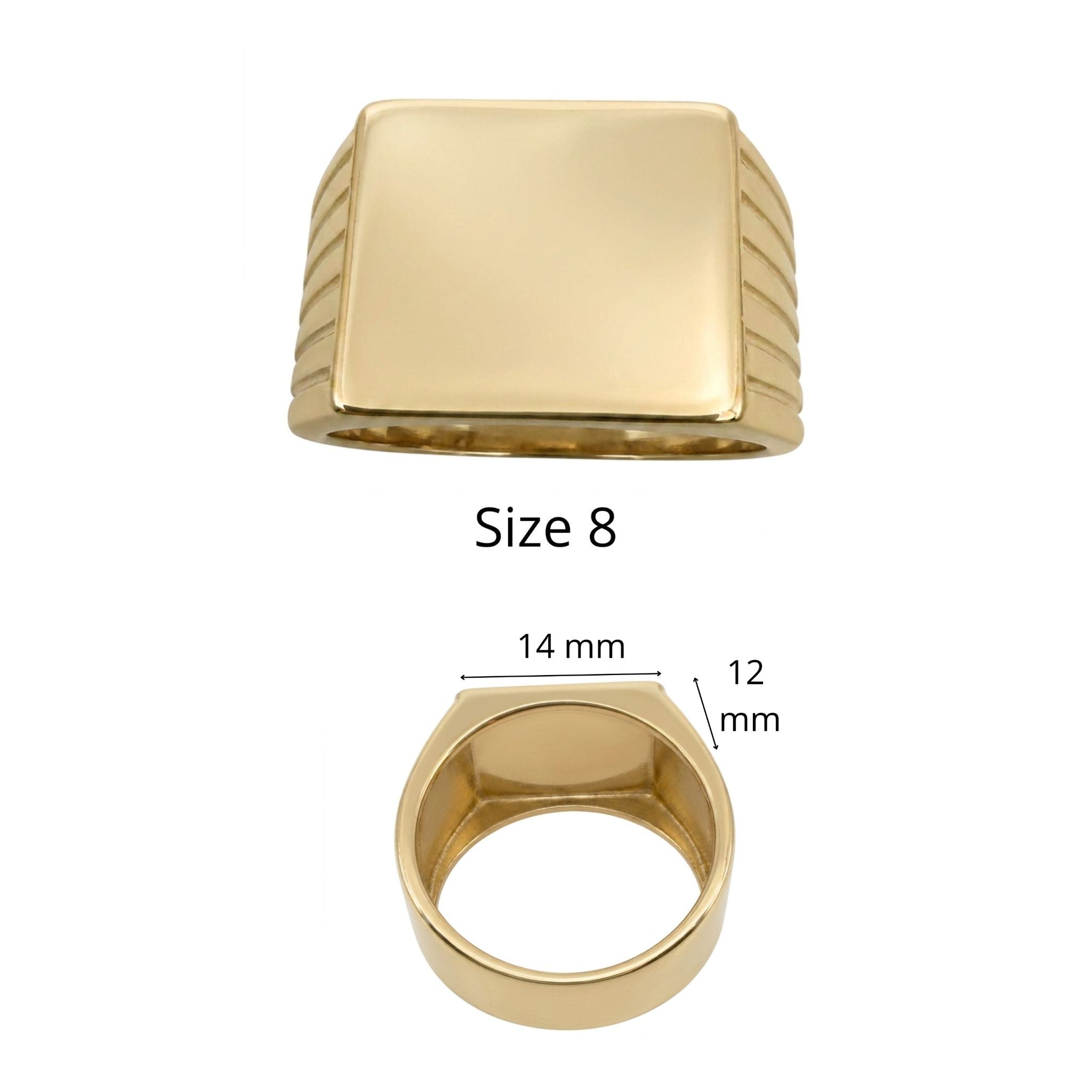 Anillo de sello para meñique en oro 10K TuOro® talla 8, con superficie rectangular de 14 x 12 mm.