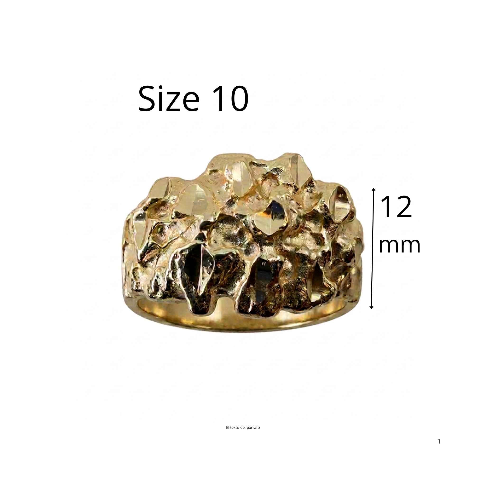 Medidas del Anillo Texturizado de Plata 925 Dorada, talla 10 con ancho aproximado de 12 mm.