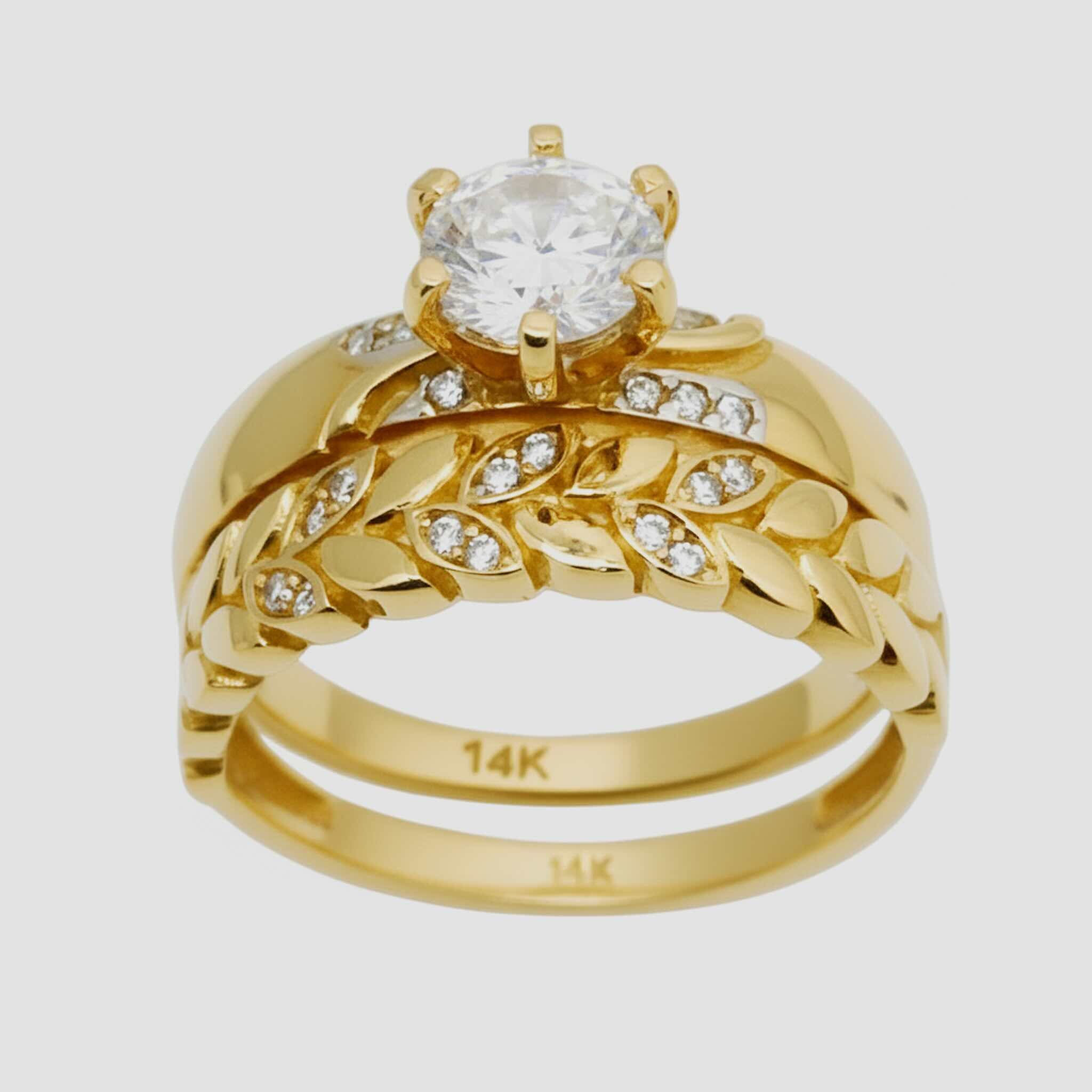 Anillo de compromiso moderno en Oro 14K con diseño de hojas y circonias incrustadas, vista frontal TuOro