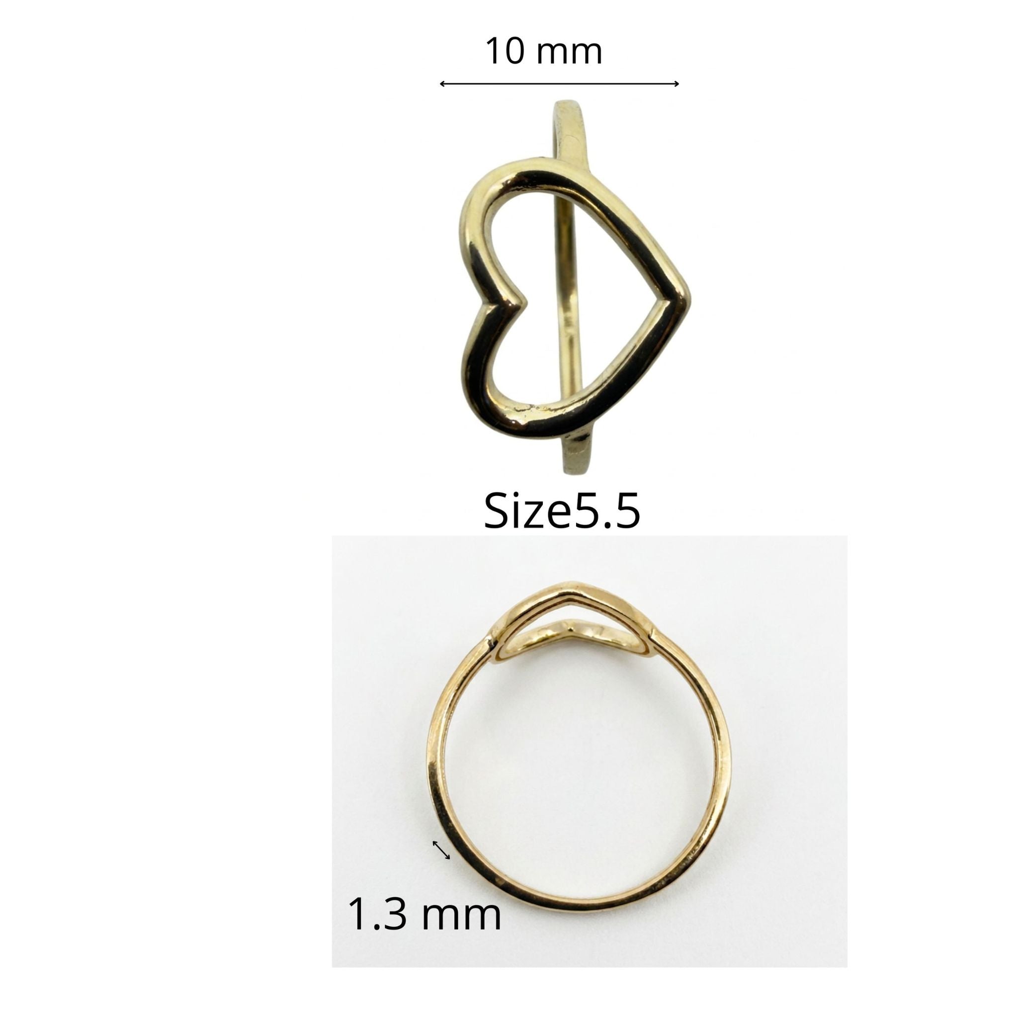 Anillo elegante en Oro 10K con diseño de corazón abierto, vista frontal y lateral con medidas, talla 5.5, TuOro.