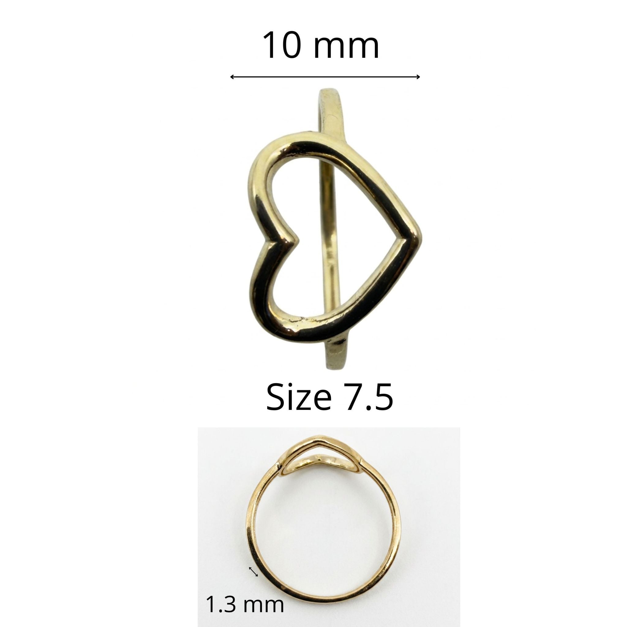 Anillo elegante en Oro 10K con diseño de corazón abierto, vista frontal y lateral con medidas, talla 7.5, TuOro.