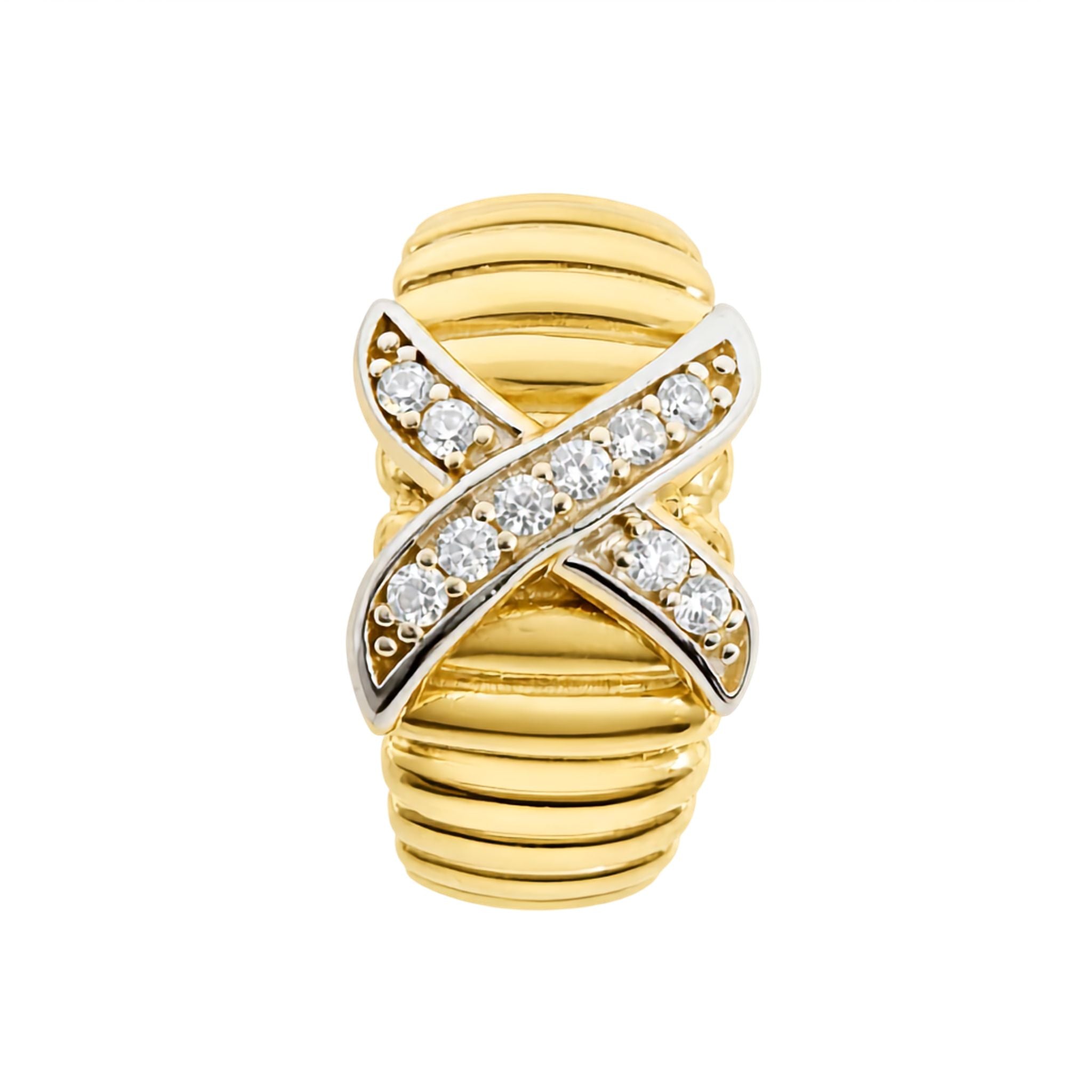 Anillo elegante en Oro 10K con diseño cruzado y circonias blancas, TuOro®.