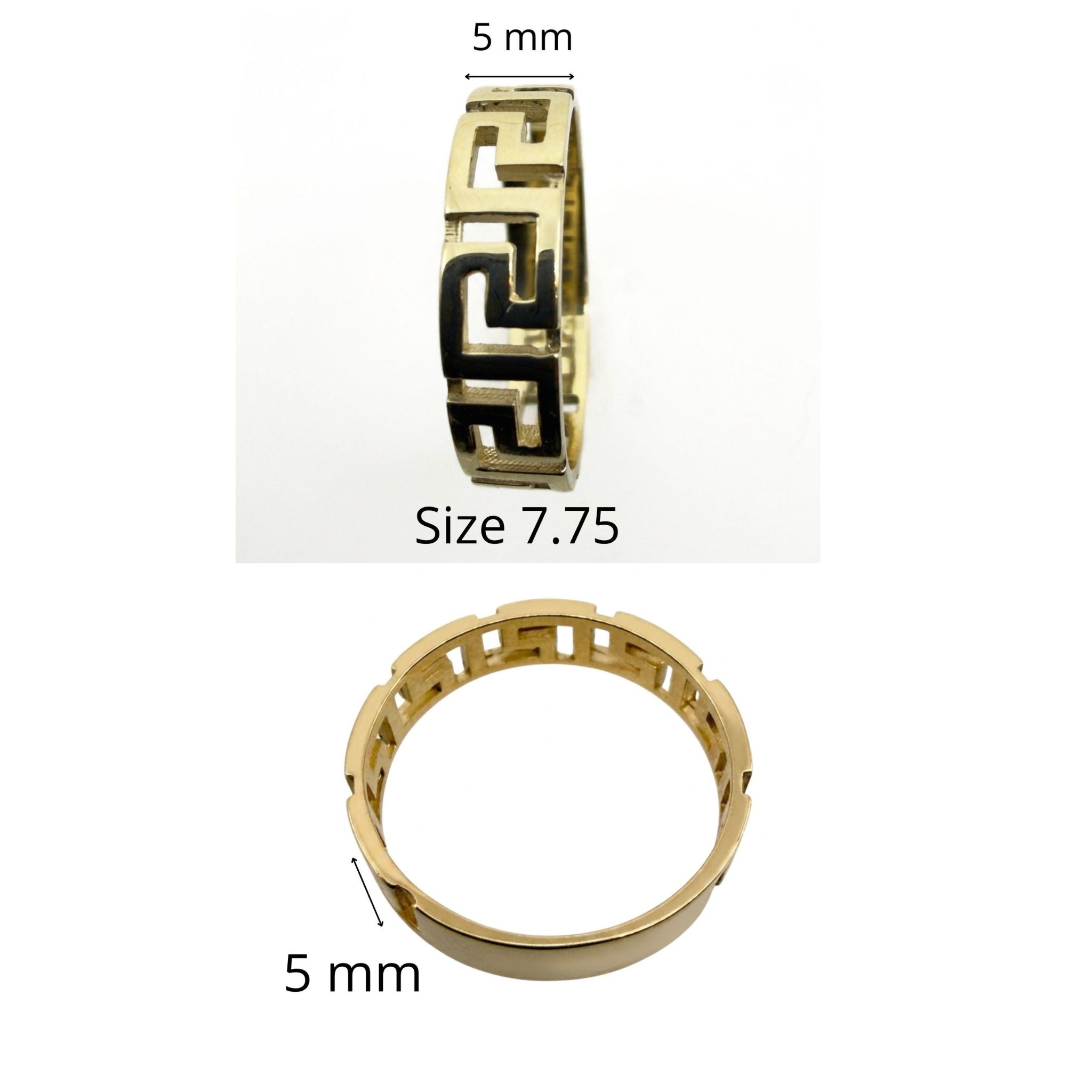 Anillo elegante en Oro 10K con diseño meandro calado, vista frontal y lateral con medidas, talla 7.75, TuOro.
