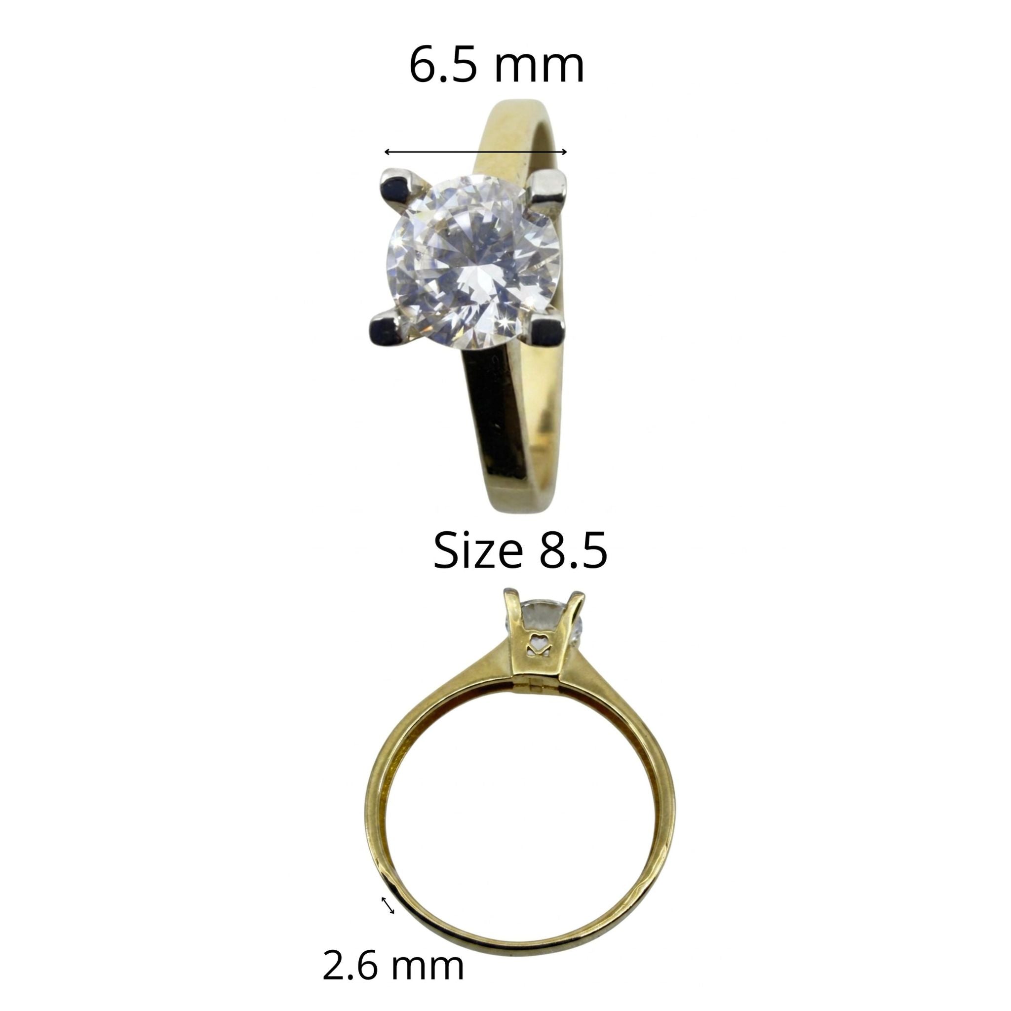 Anillo elegante en Oro 10K estilo solitario con circonia redonda, vista frontal y lateral con medidas, talla 8.5, TuO