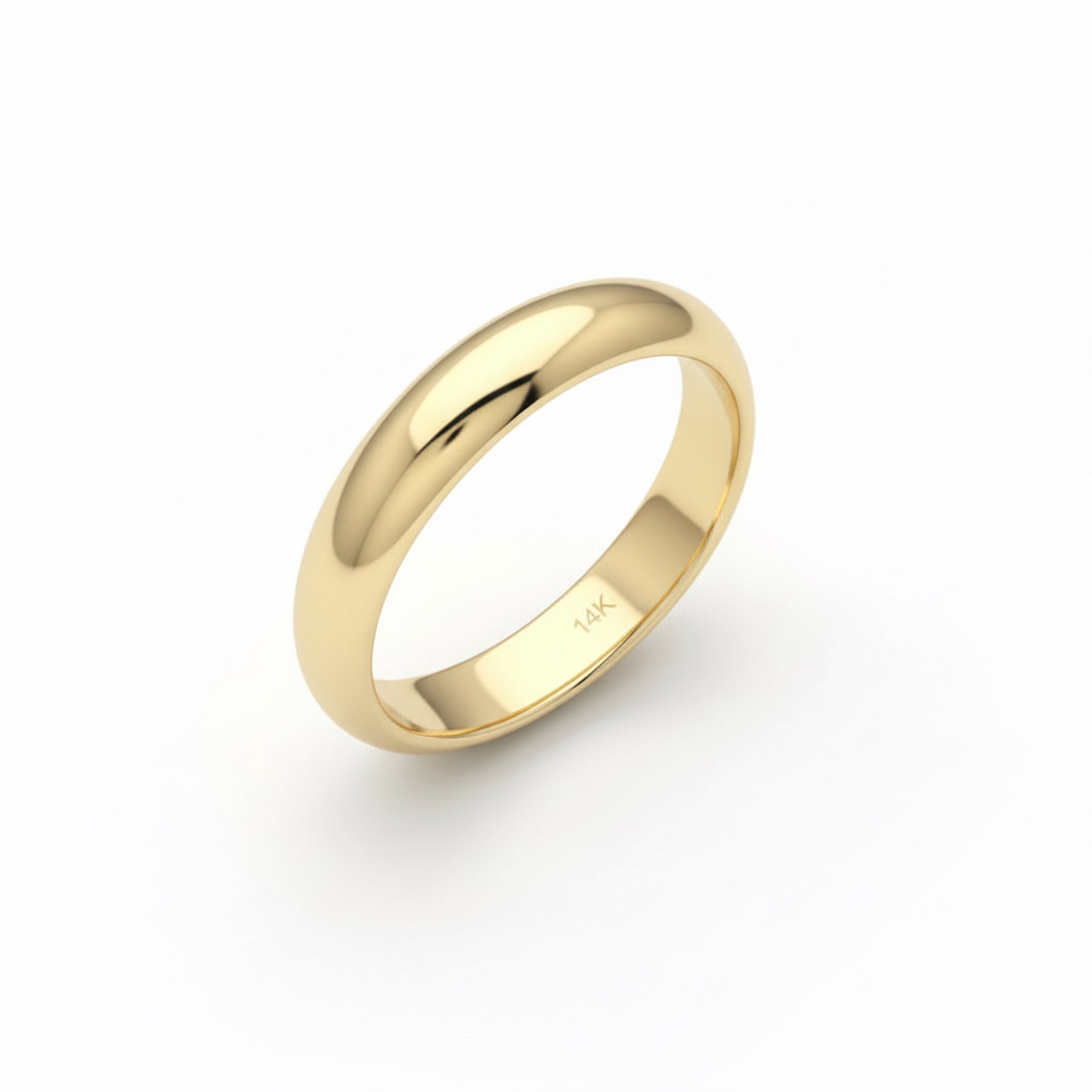 Anillos lisos de Oro 14K 3.8 mm TuOro en fondo blanco con vista angular y acabado pulido brillante mostrando interior grabado 14K