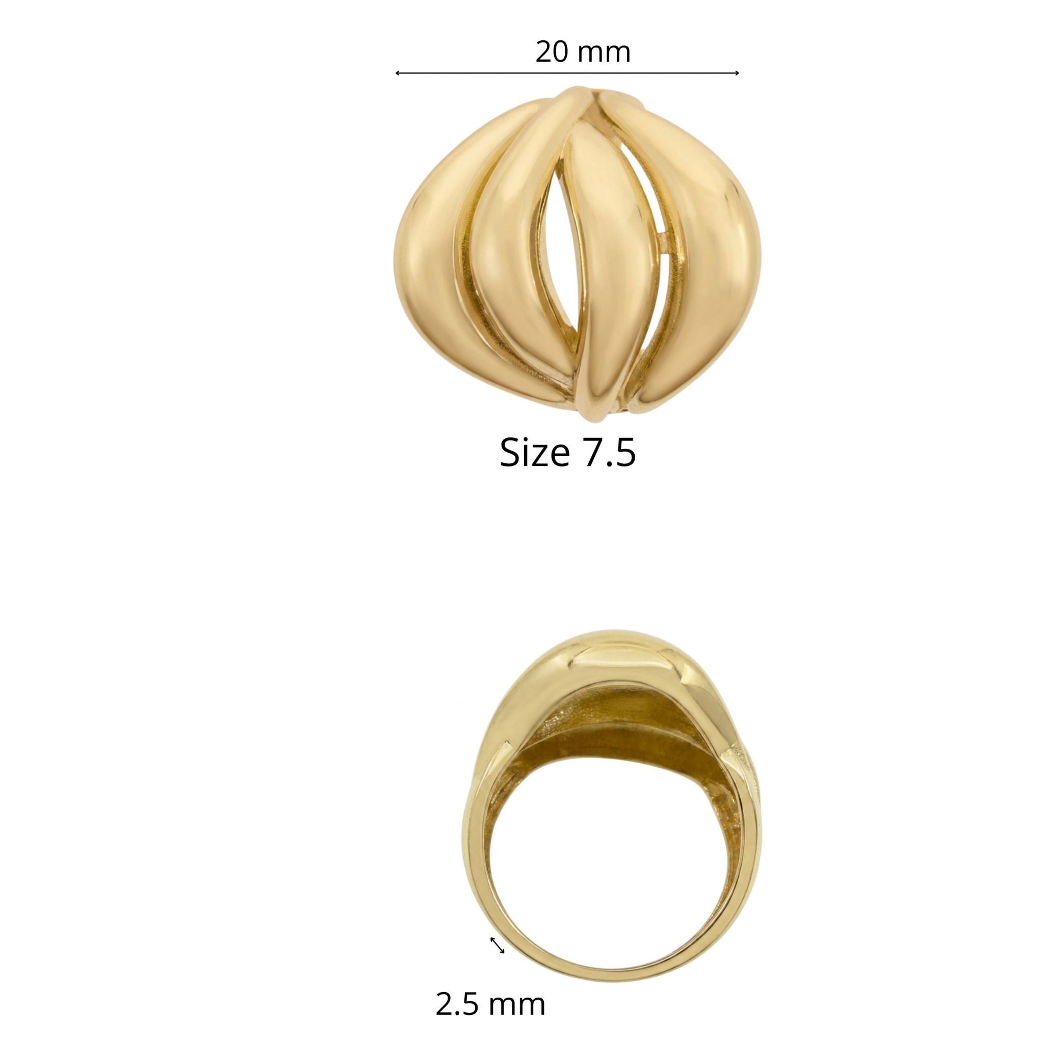 Anillo llamativo en Oro 10K TuOro® con diseño calado de líneas curvas, talla 7.5, frente de 20 mm y banda de 2.5 mm.