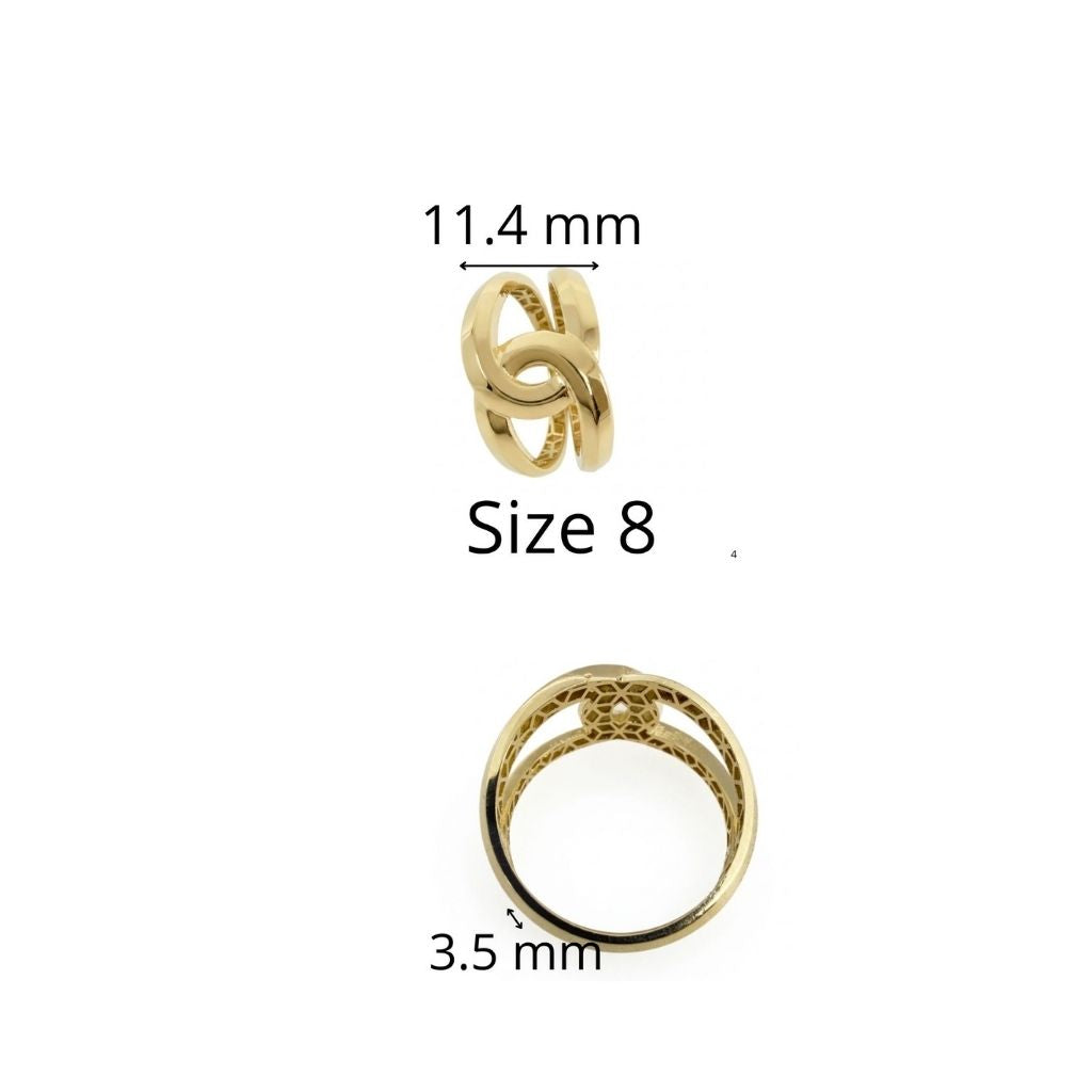 Anillo llamativo en Oro 10K con galería y diseño de enlace central, talla 8, frente de 11.4 mm y banda de 3.5 mm, TuOro.
