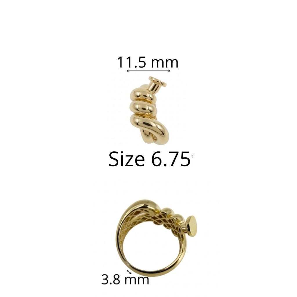 Anillo llamativo en Oro 10K con galería, diseño escultural en espiral, talla 6.75, frente de 11.5 mm y banda de 3.8 mm, TuOro.
