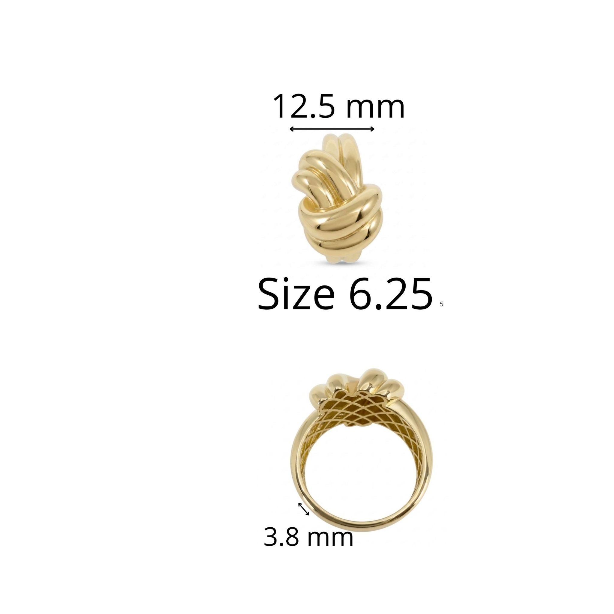 Anillo llamativo en Oro 10K con galería, diseño de nudo escultural, talla 6.25, frente de 12.5 mm y banda de 3.8 mm, TuOro.