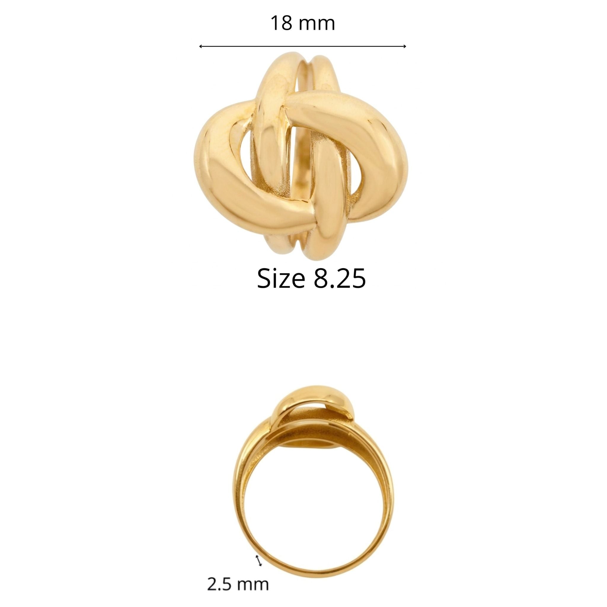 Anillo llamativo en Oro 10K TuOro® con diseño de nudo entrelazado, talla 8.25, frente de 18 mm y banda de 2.5 mm.