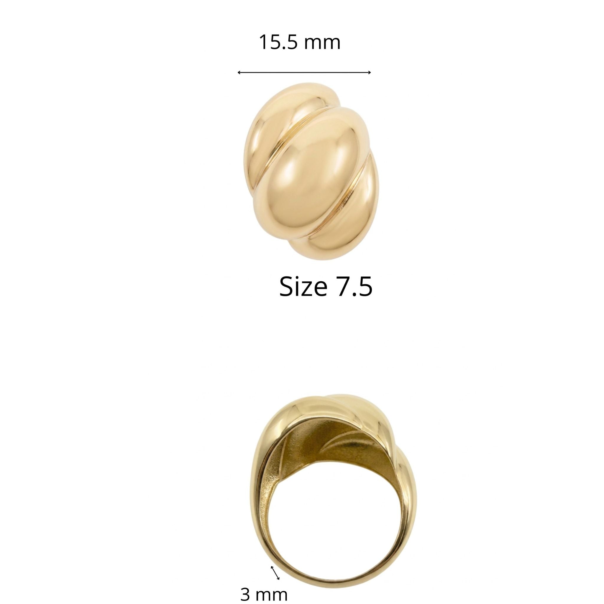 Anillo llamativo en Oro 10K TuOro® con diseño voluminoso de curvas pulidas, talla 7.5, frente de 15.5 mm y banda de 3 mm.