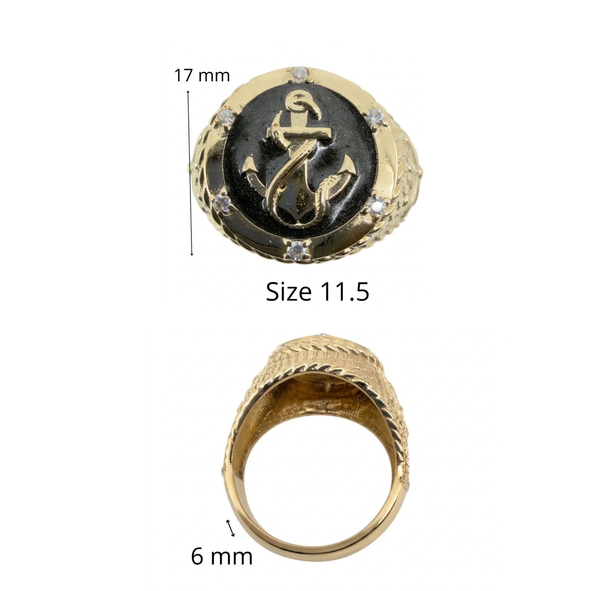 Anillos de Oro 10K para Hombre, variante Ancla talla 11.5, con diseño superior de 17 mm y aro de 6 mm.