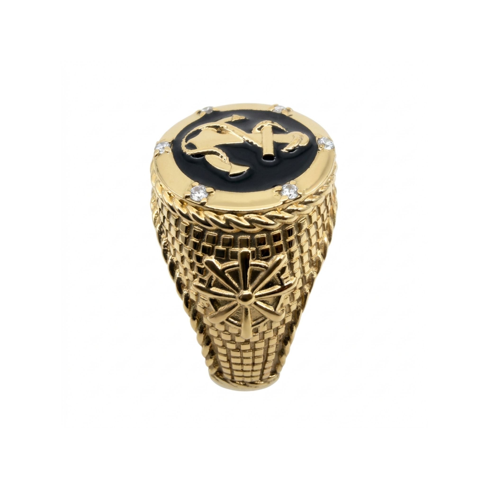 Anillos de Oro 10K para Hombre, variante Ancla en vista lateral con diseño náutico y detalles ornamentales.