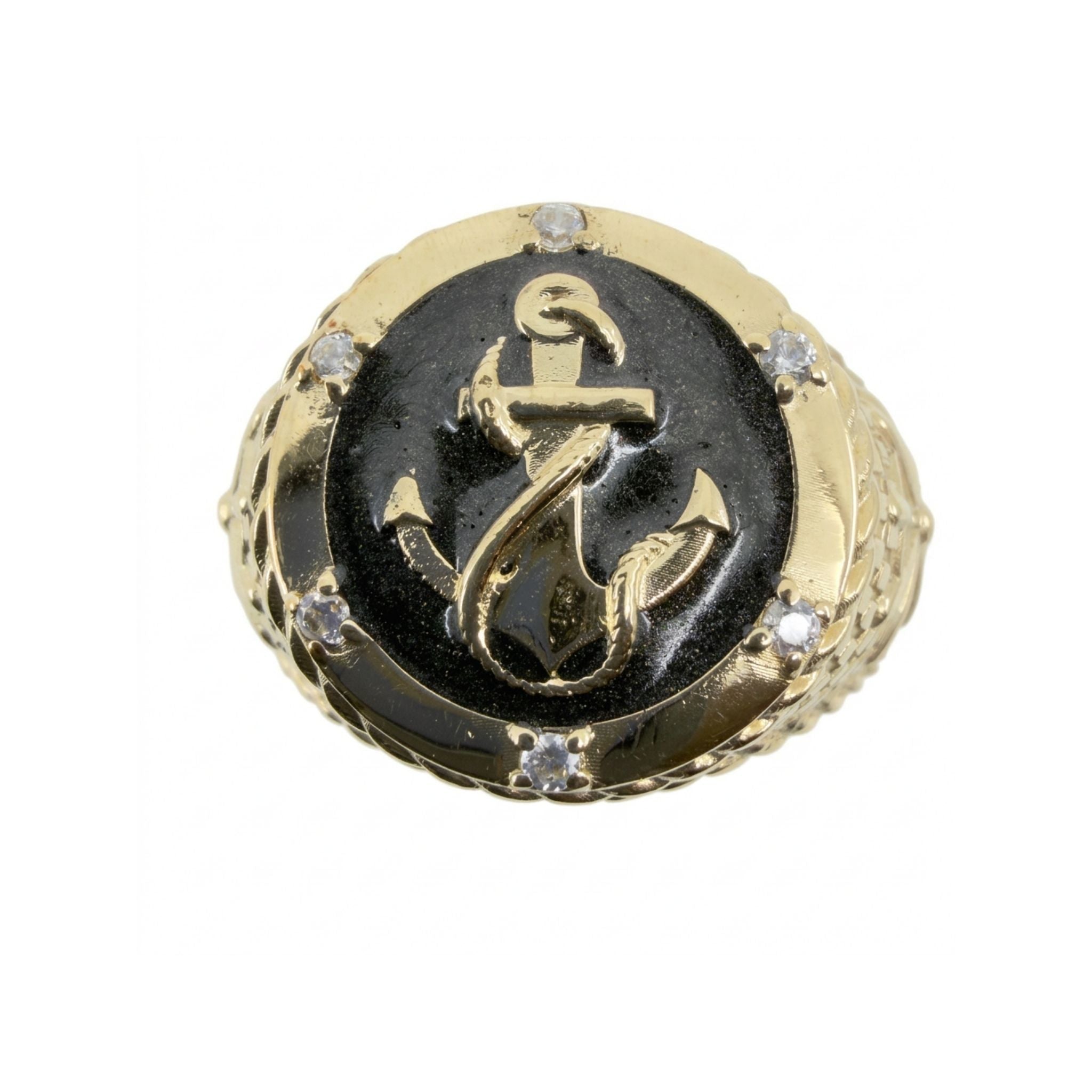 Anillos de Oro 10K para Hombre, variante Ancla en vista superior con fondo negro, ancla dorada y circoni