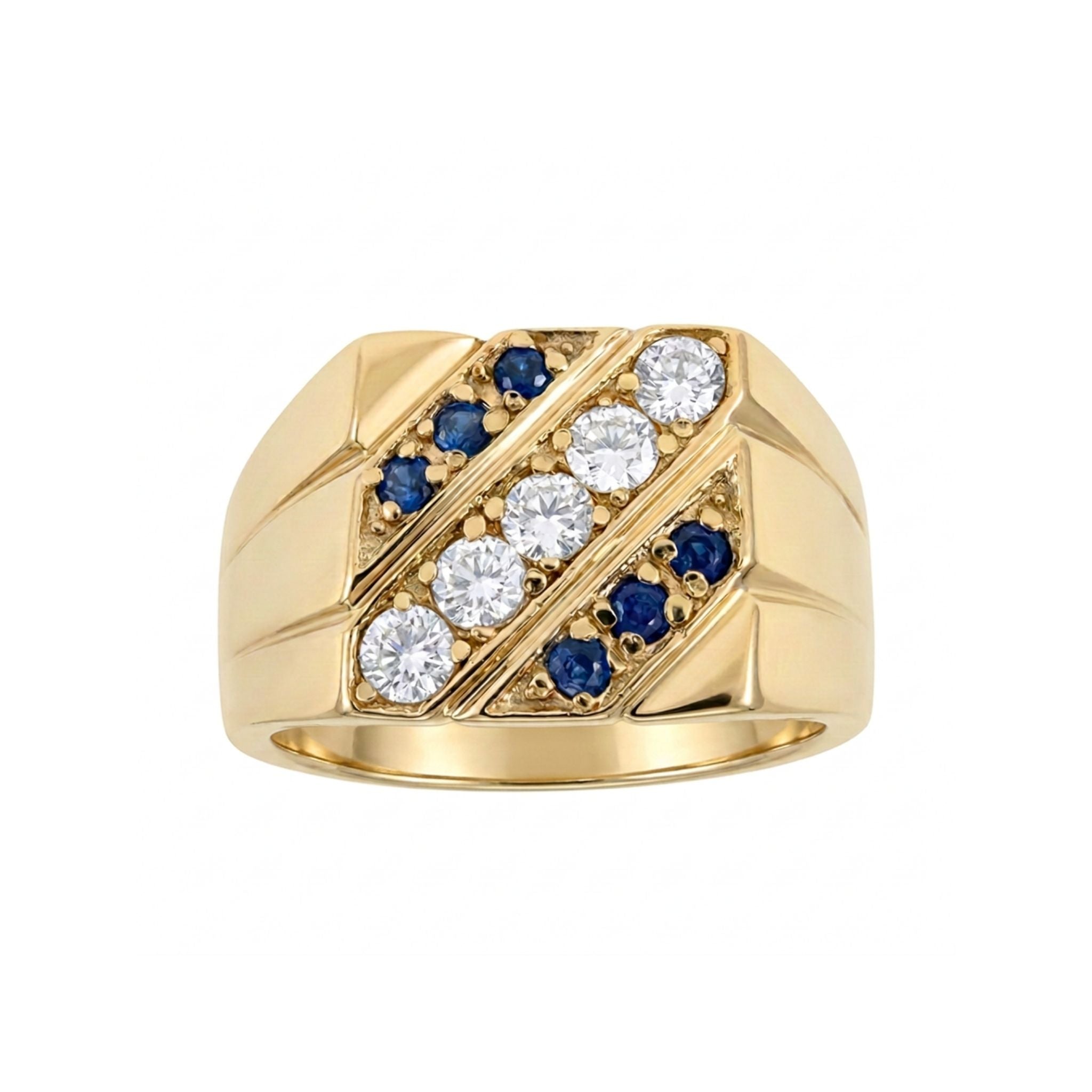 Anillos de Oro 10K para Hombre, variante Cinco Piedras con circonias blancas y azules en diseño diagonal.