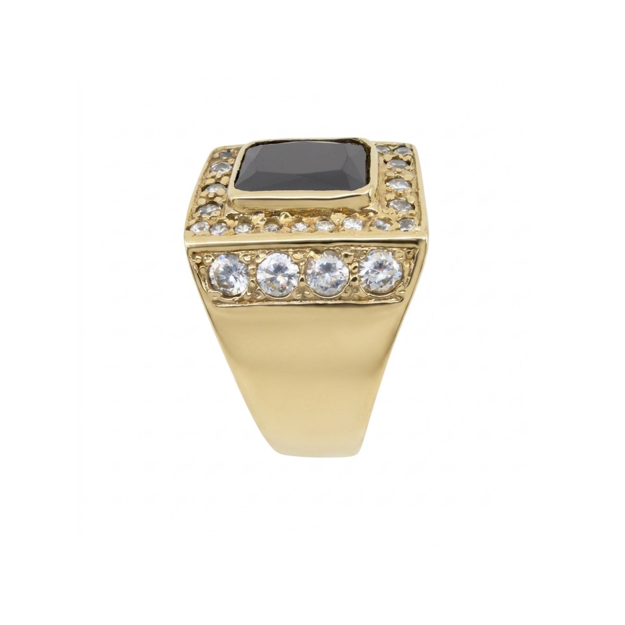 Anillos de Oro 10K para Hombre, variante Cuadrada Negra en vista lateral con circonia negra central y circonias blancas.