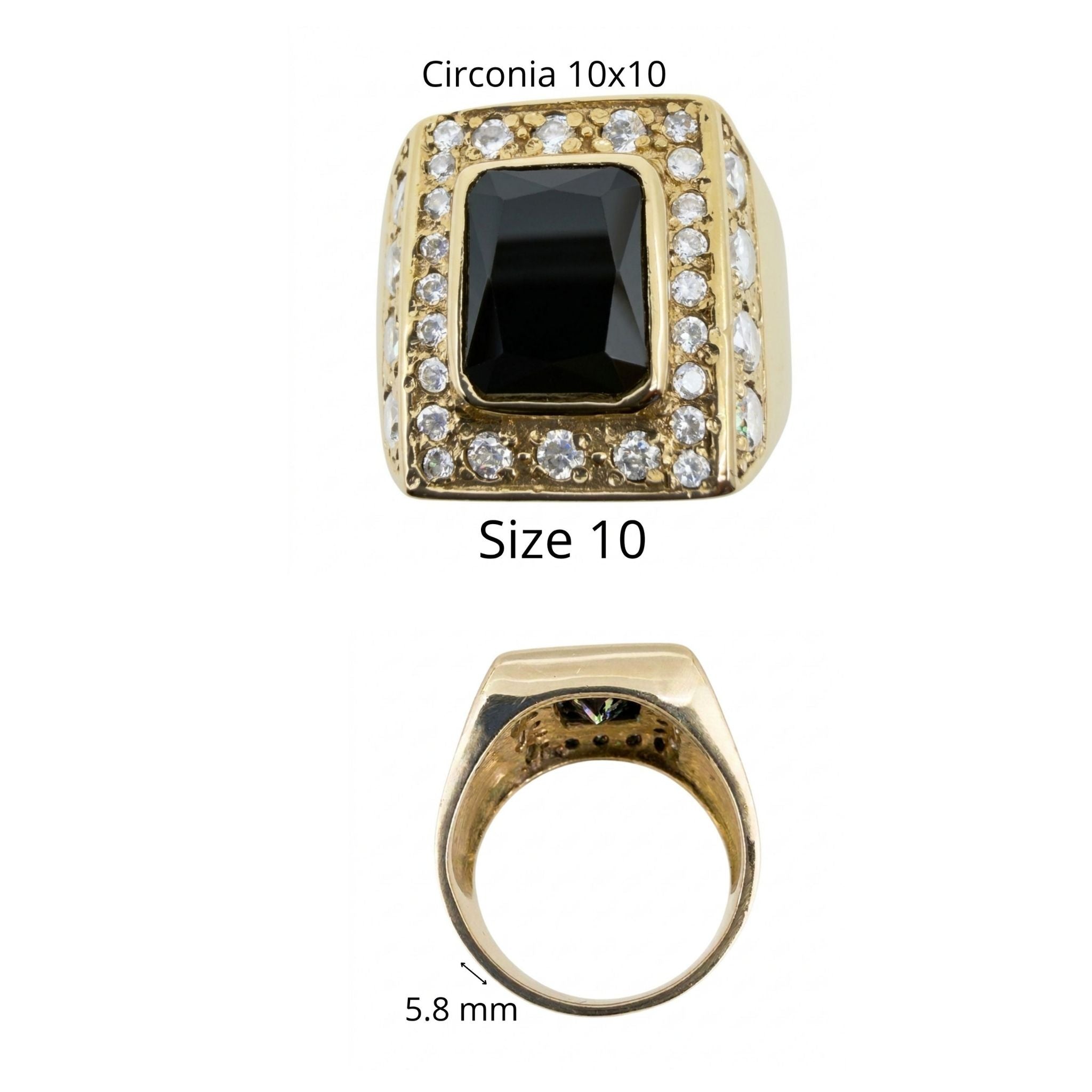 Anillos de Oro 10K para Hombre, variante Cuadrada Negra talla 10, con circonia de 10 × 10 mm y aro de 5.8 mm.