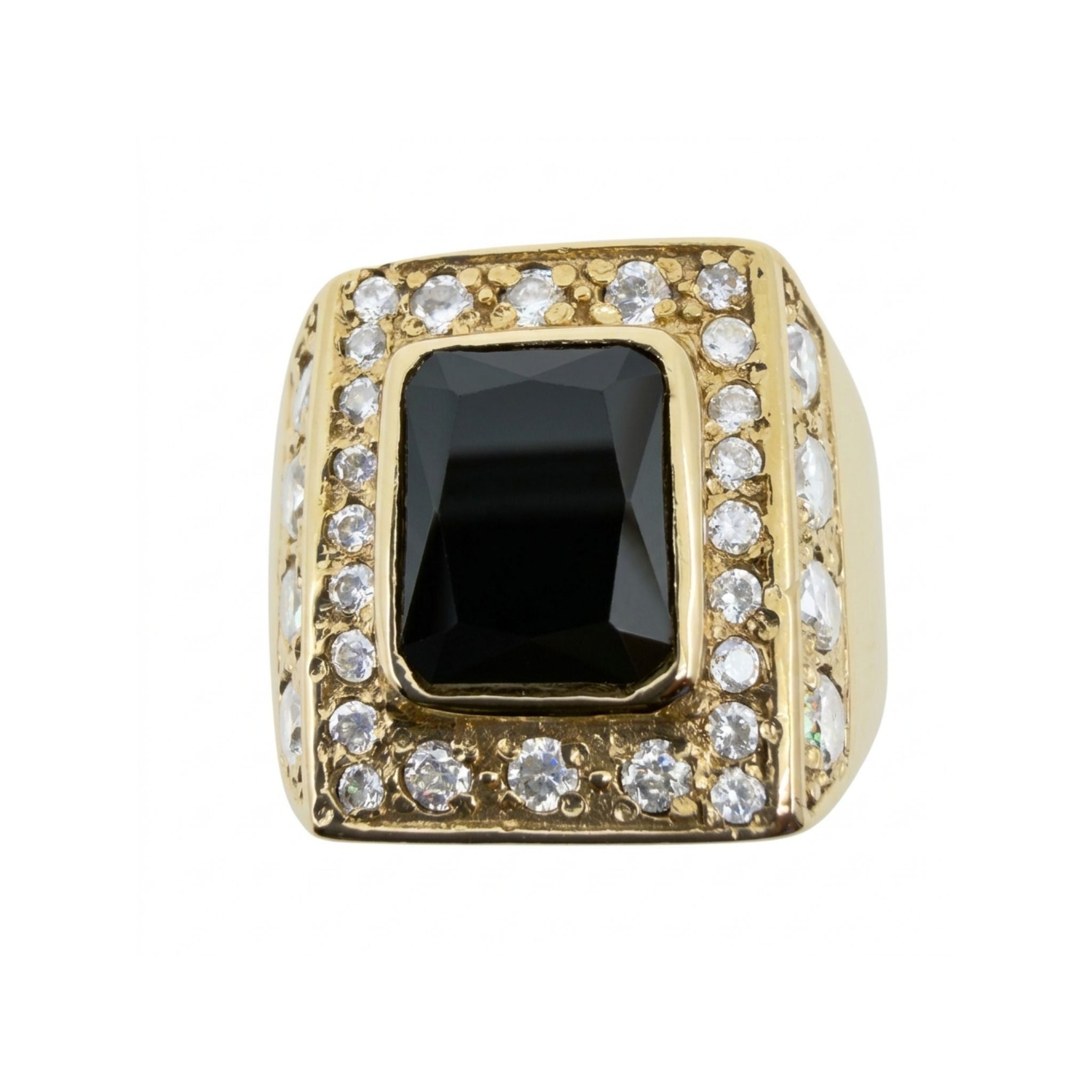Anillos de Oro 10K para Hombre, variante Cuadrada Negra con circonia negra central rodeada de circonias blancas.