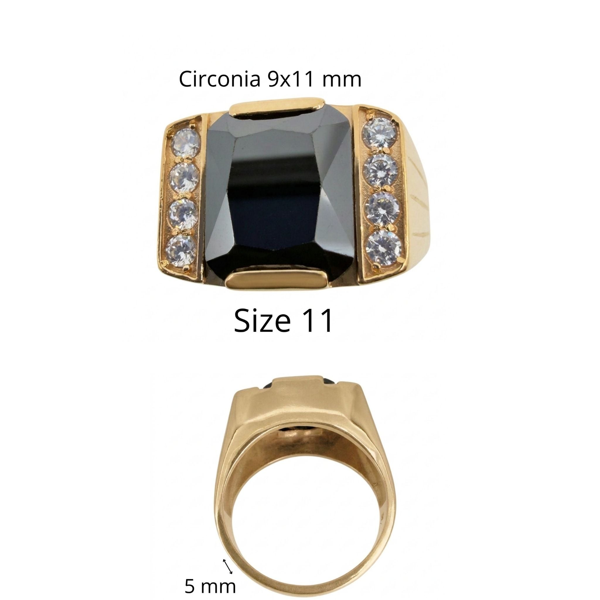 Anillos de Oro 10K para Hombre, variante Rectangular Negra talla 11, con circonia de 9 × 11 mm y aro de 5 mm.
