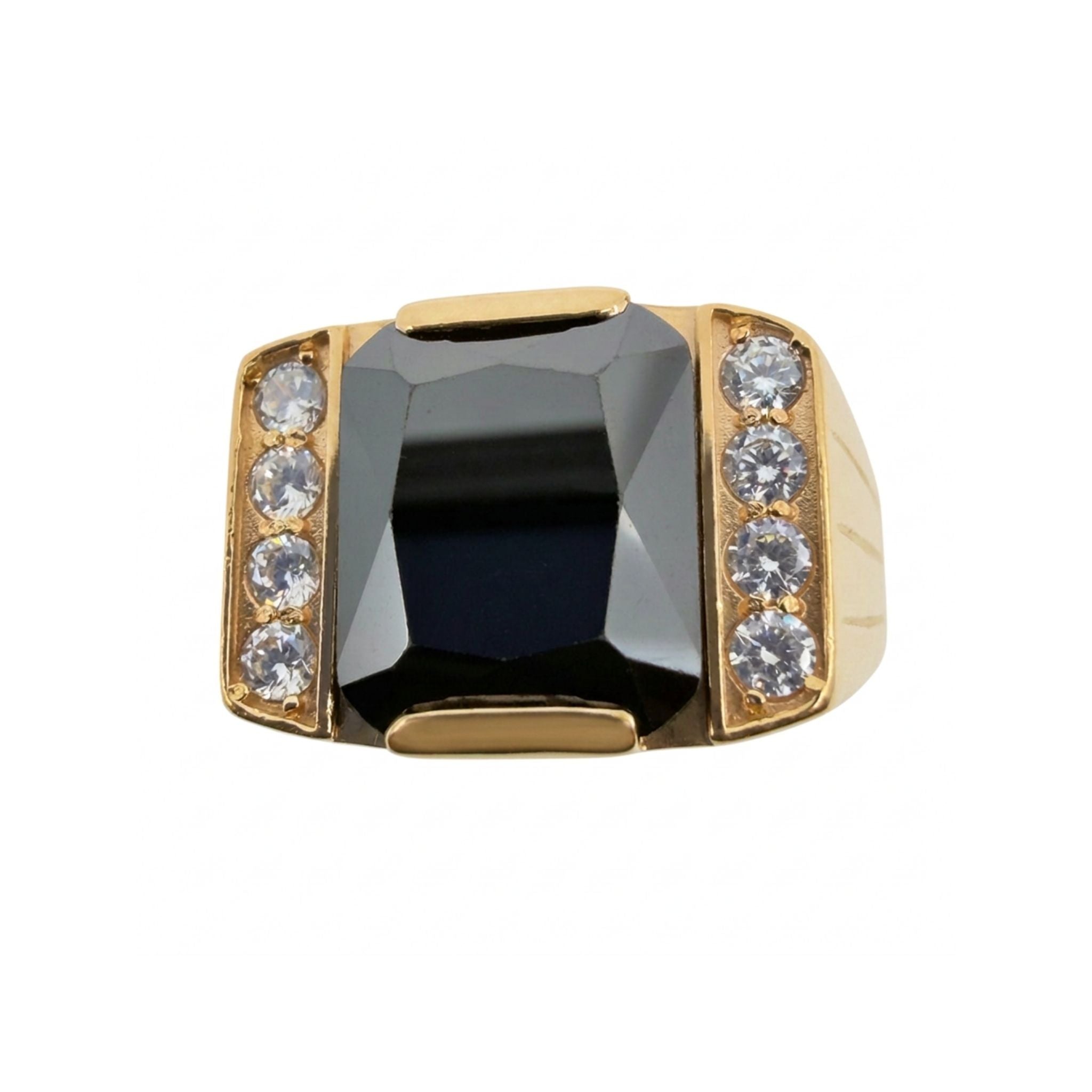 Anillos de Oro 10K para Hombre, variante Rectangular Negra con circonia negra central y circonias blancas laterales.