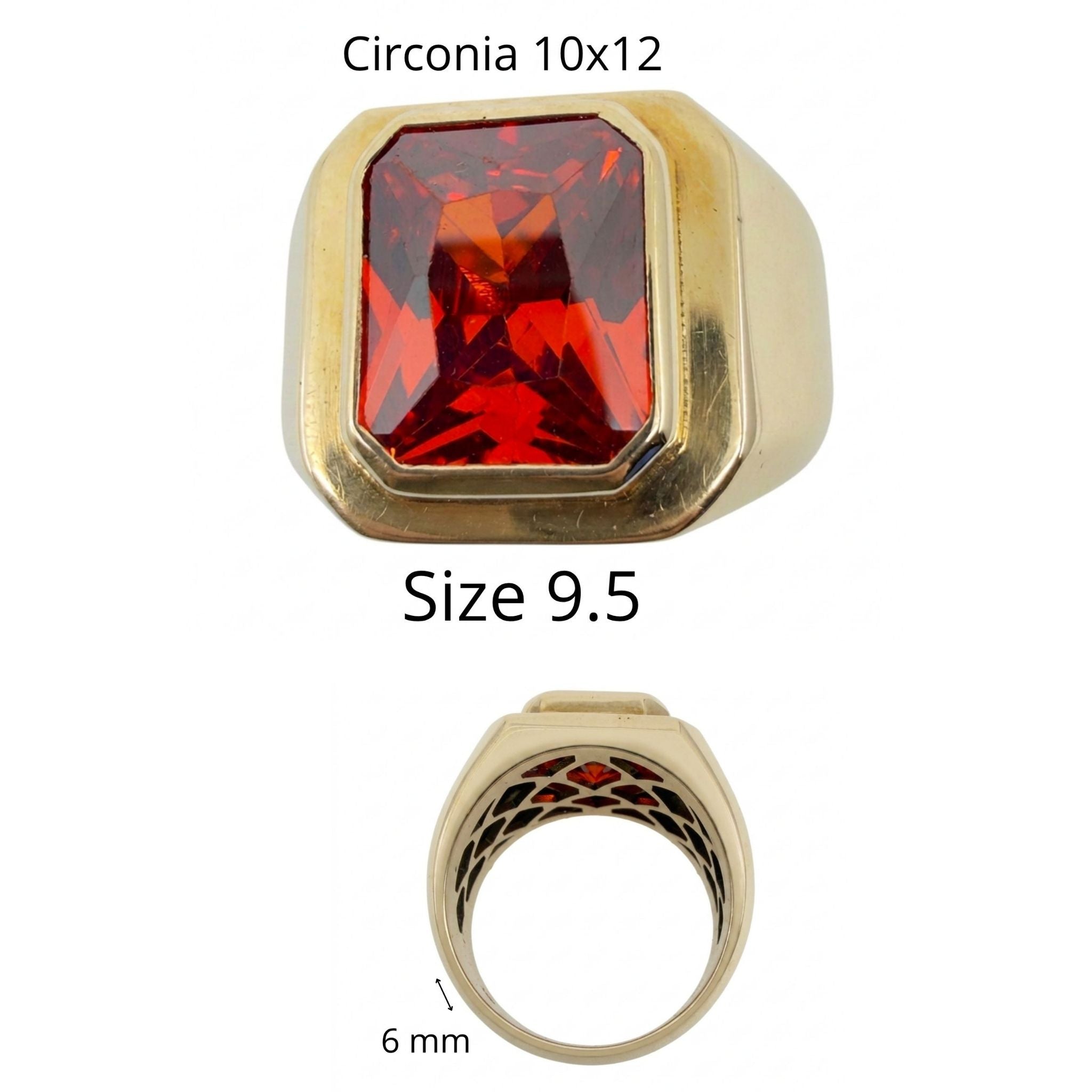 Anillos de Oro 10K para Hombre, variante Rectangular Roja Mandarina talla 9.5, con circonia de 10 × 12 mm y aro de 6 mm.