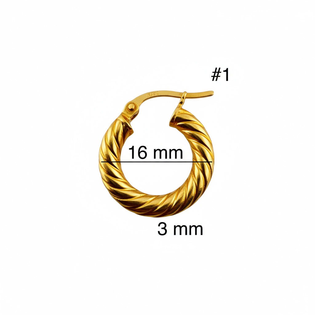 Arete argolla torcido en oro 14K de 16 mm de diámetro y 3 mm de grosor, diseño estilo cuerda con cierre seguro, ideal para uso diario elegante.