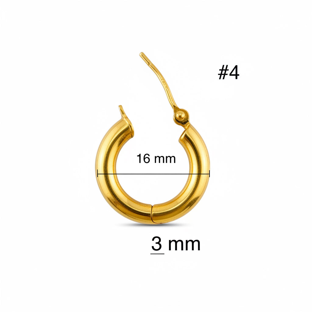 Arete argollita para niños en oro 14K, diseño liso clásico. Medidas: 16 mm de diámetro y 3 mm de grosor. Elegante, seguro y cómodo, ideal para uso diario o regalo infantil.