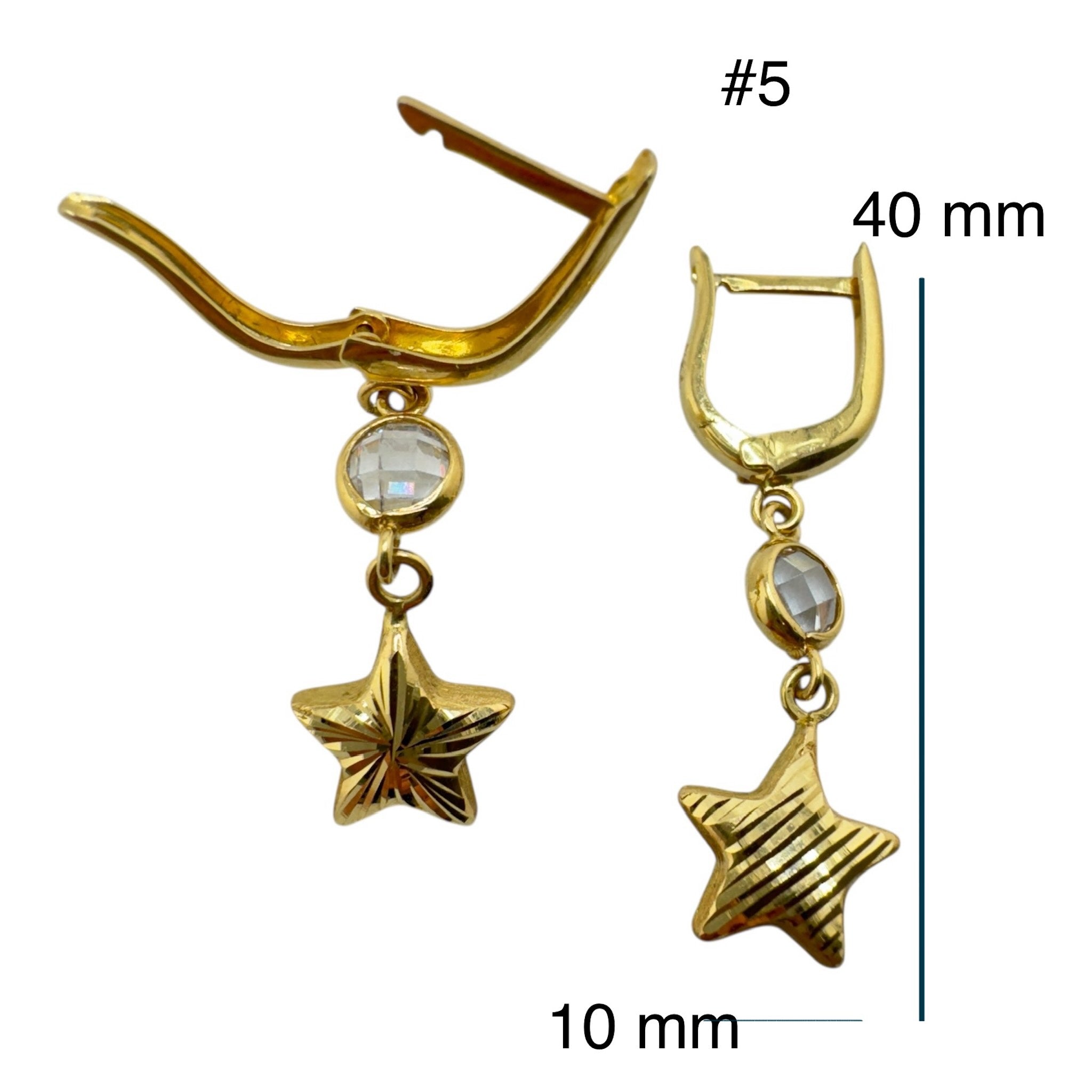 Aretes largos, estrella faceteada, cierre catalan en Oro 14K, 40x10 mm,mostrando las medidas. TuOro.