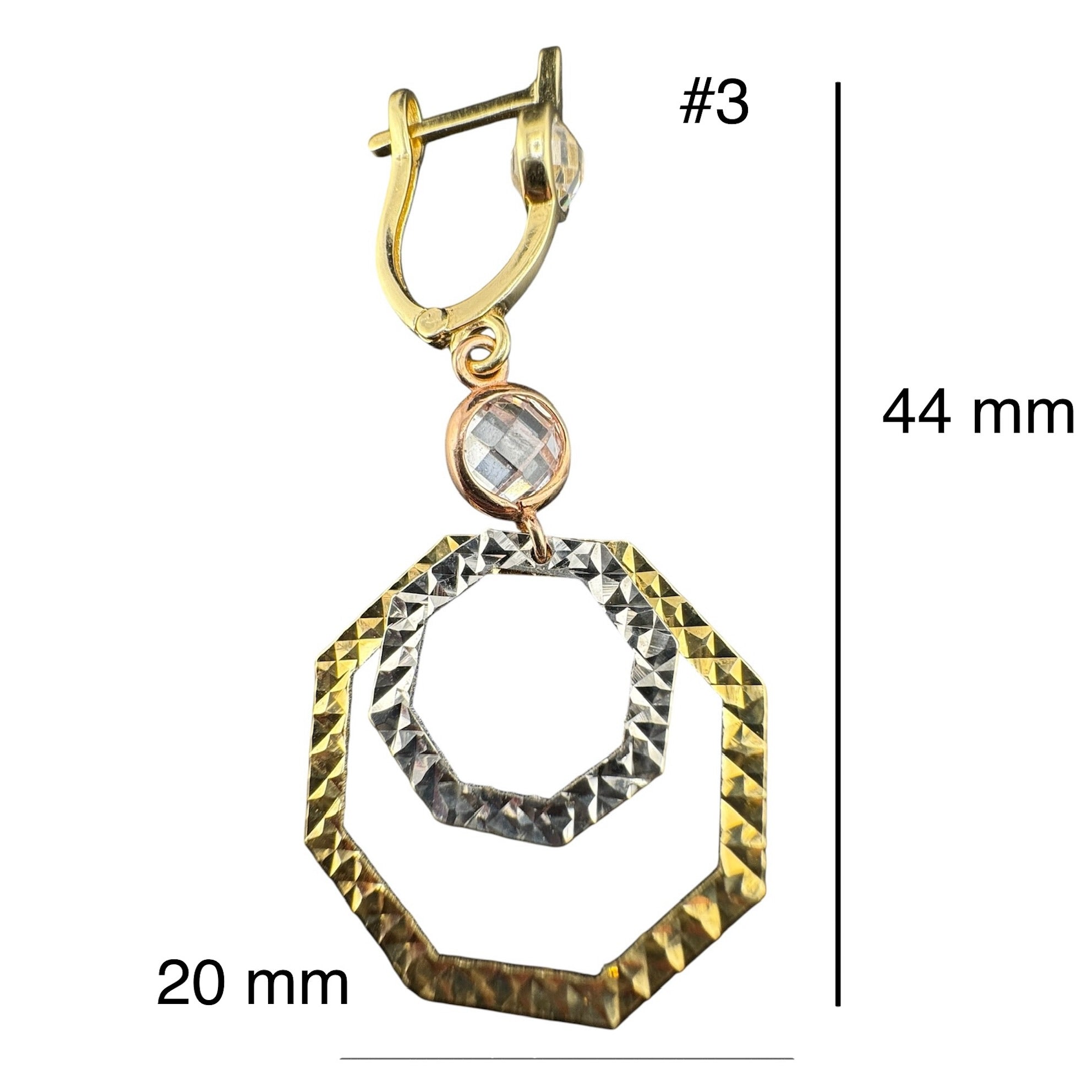 Arete largo con cierre catalán en oro 14k diseño colgante de doble hexágono martillado con circonia, medidas 44 mm de largo por 20 mm de ancho