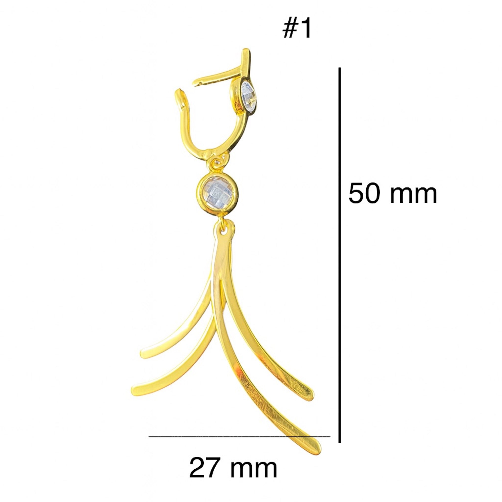 Arete largo con cierre catalán en oro 14k diseño colgante de triple línea curva con circonia, medidas 50 mm de largo por 27 mm de ancho