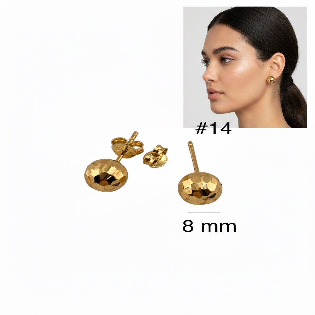 Aretes pequeños tipo bola facetada de 8 mm en oro 14K con cierre mariposa, brillantes y modernos para uso diario, TuOro.
