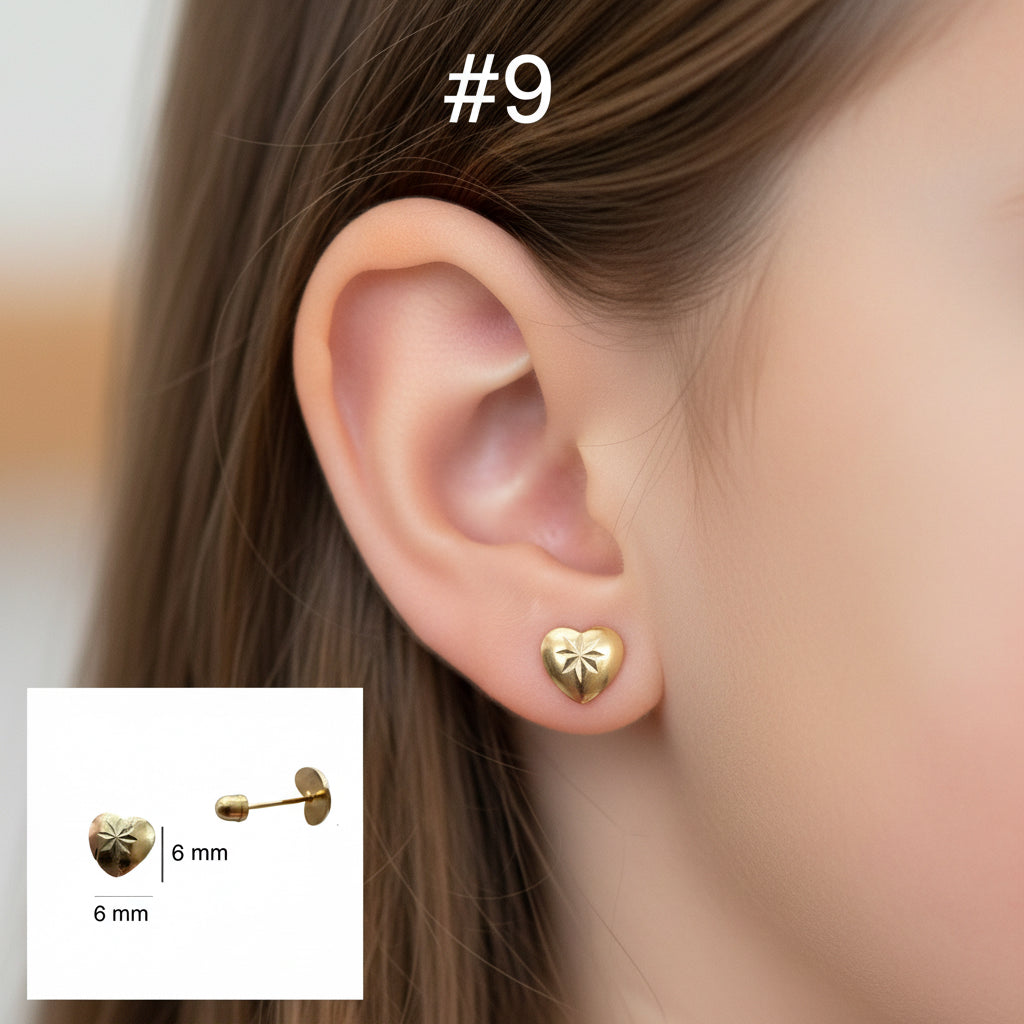 Arete pequeño de oro 14k en forma de corazón con grabado de estrella y cierre de rosca, tamaño 6x6 mm, diseño elegante y duradero, TuOro.