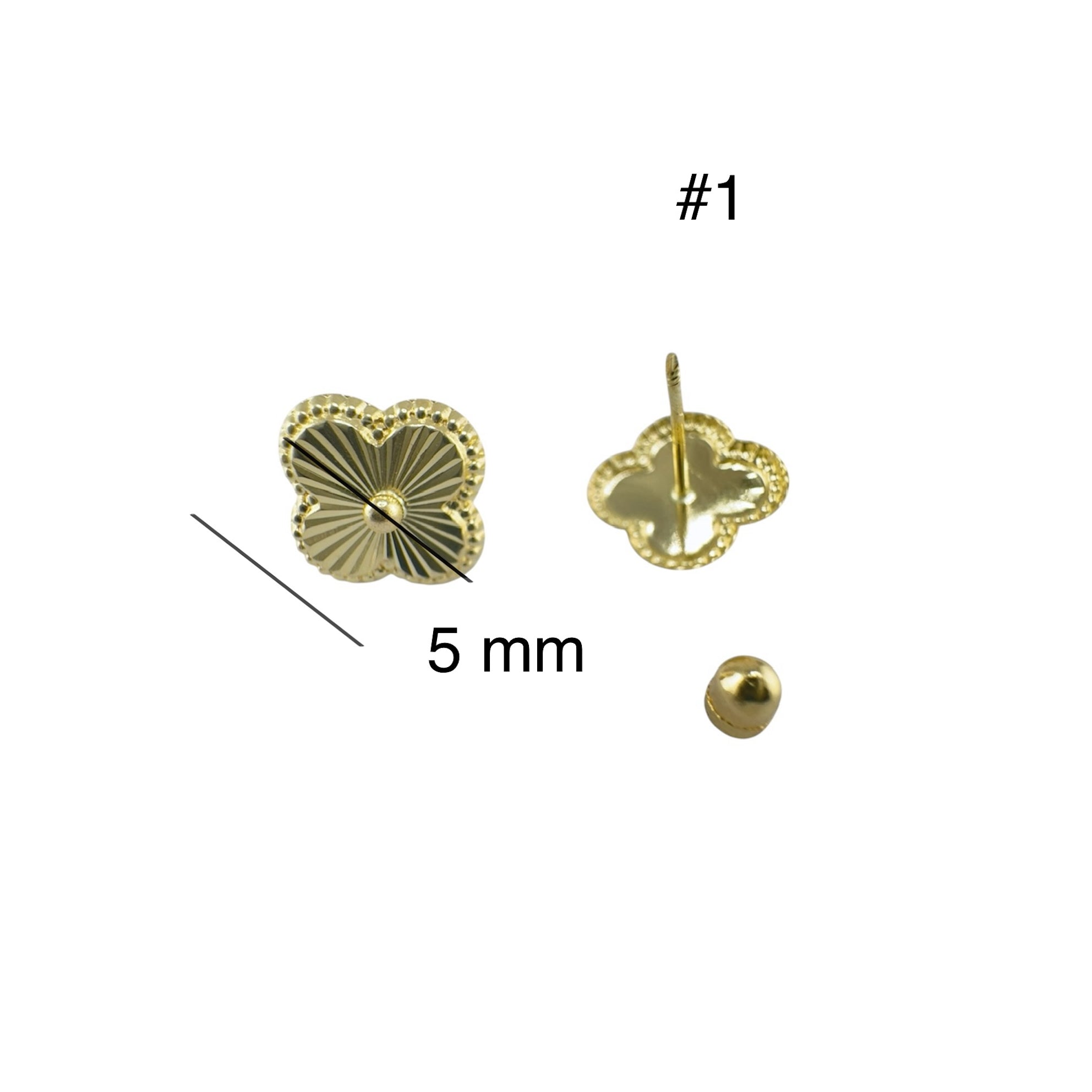 Arete pequeño en oro 14K con cierre de rosca, diseño de trébol en relieve de 5 mm, elegante y delicado.