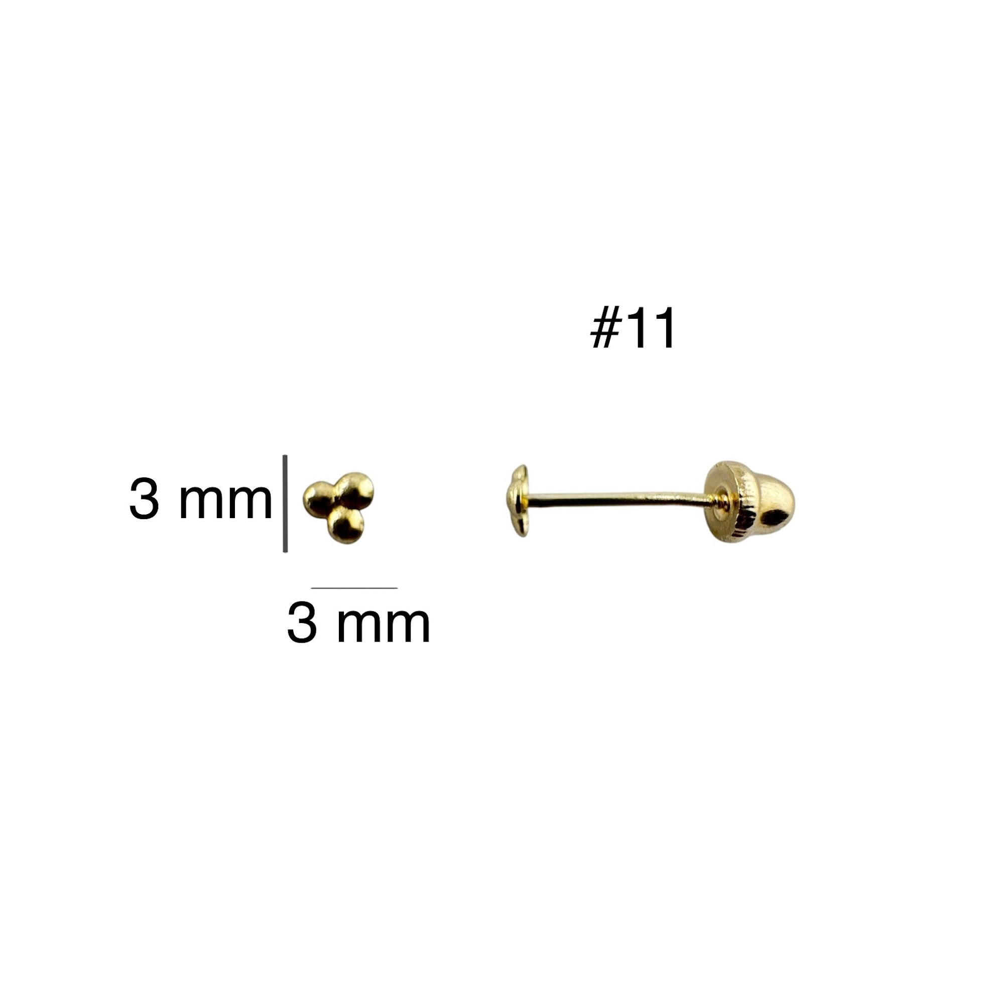 Arete pequeño en oro 14K con cierre de rosca, diseño minimalista de tres bolitas unidas de 3 x 3 mm, ideal para uso diario.