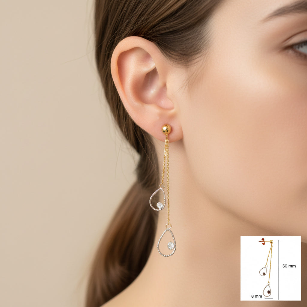 Arete colgante doble gota en oro 14K, 60 mm de largo, con cierre mariposa seguro y diseño elegante bicolor, ideal para ocasiones especiales y uso diario, TuOro.
