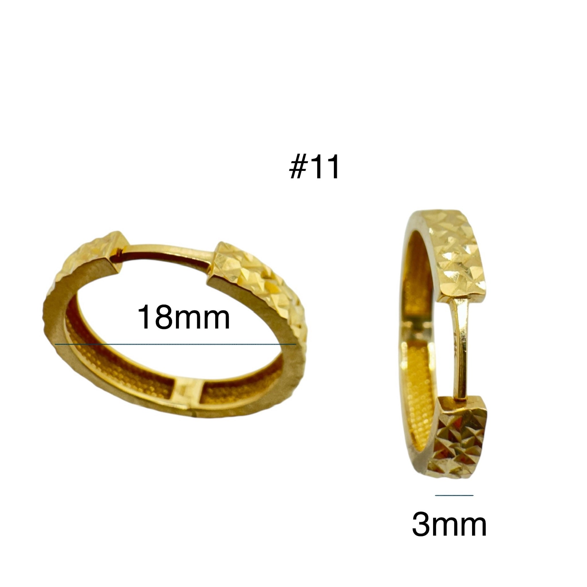 Areste corto cierre huggies en Oro 14K, diamantadas completas, mostrando las medidas 18x3 mm. TuOro.