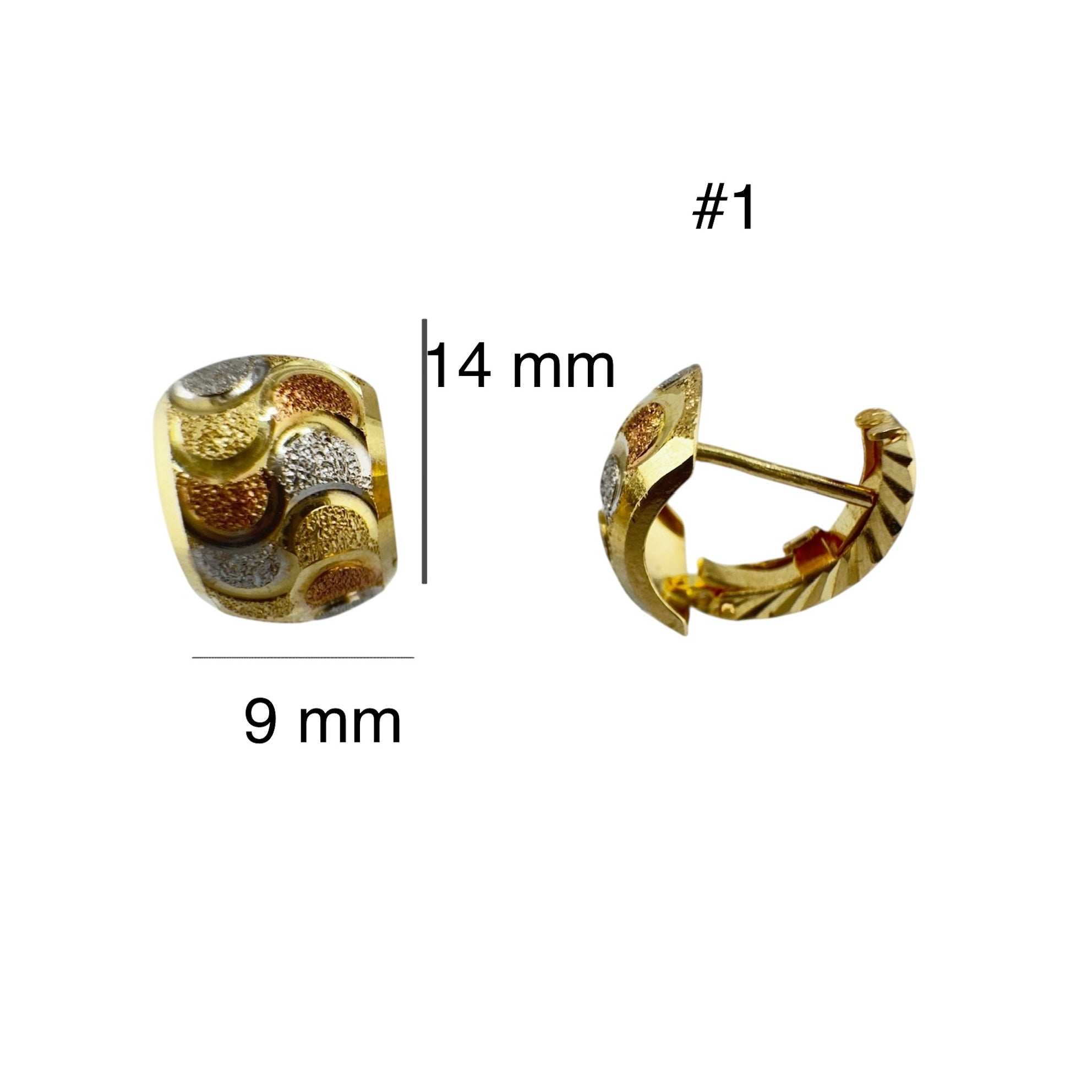 Aretes cortos en oro 14k con cierre de pin y clip de presión, diseño bicolor de círculos en relieve, medida 14 x 9 mm