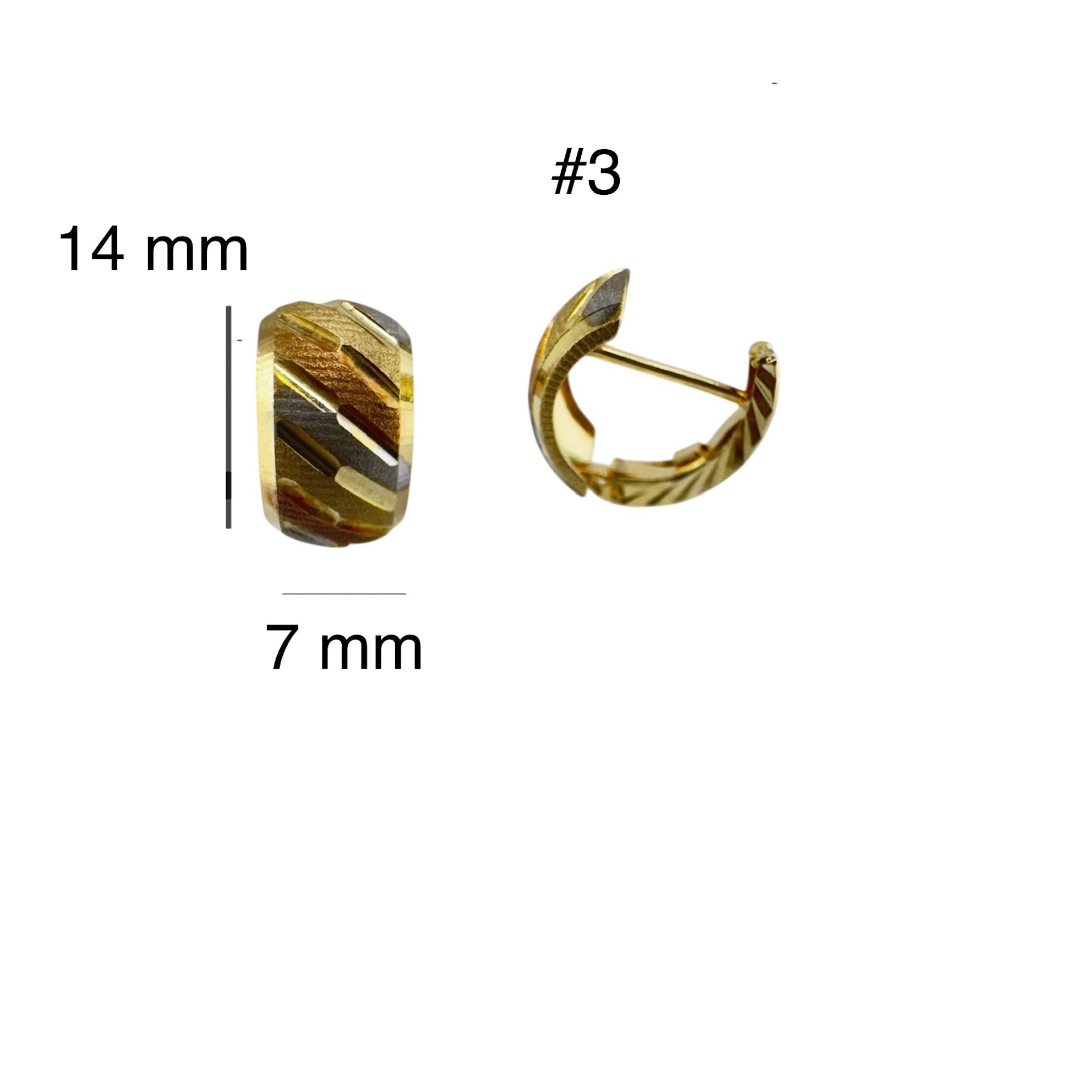 Aretes cortos en oro 14k con cierre de pin y clip de presión, diseño diagonal tricolor texturizado, medida 14 x 7 mm