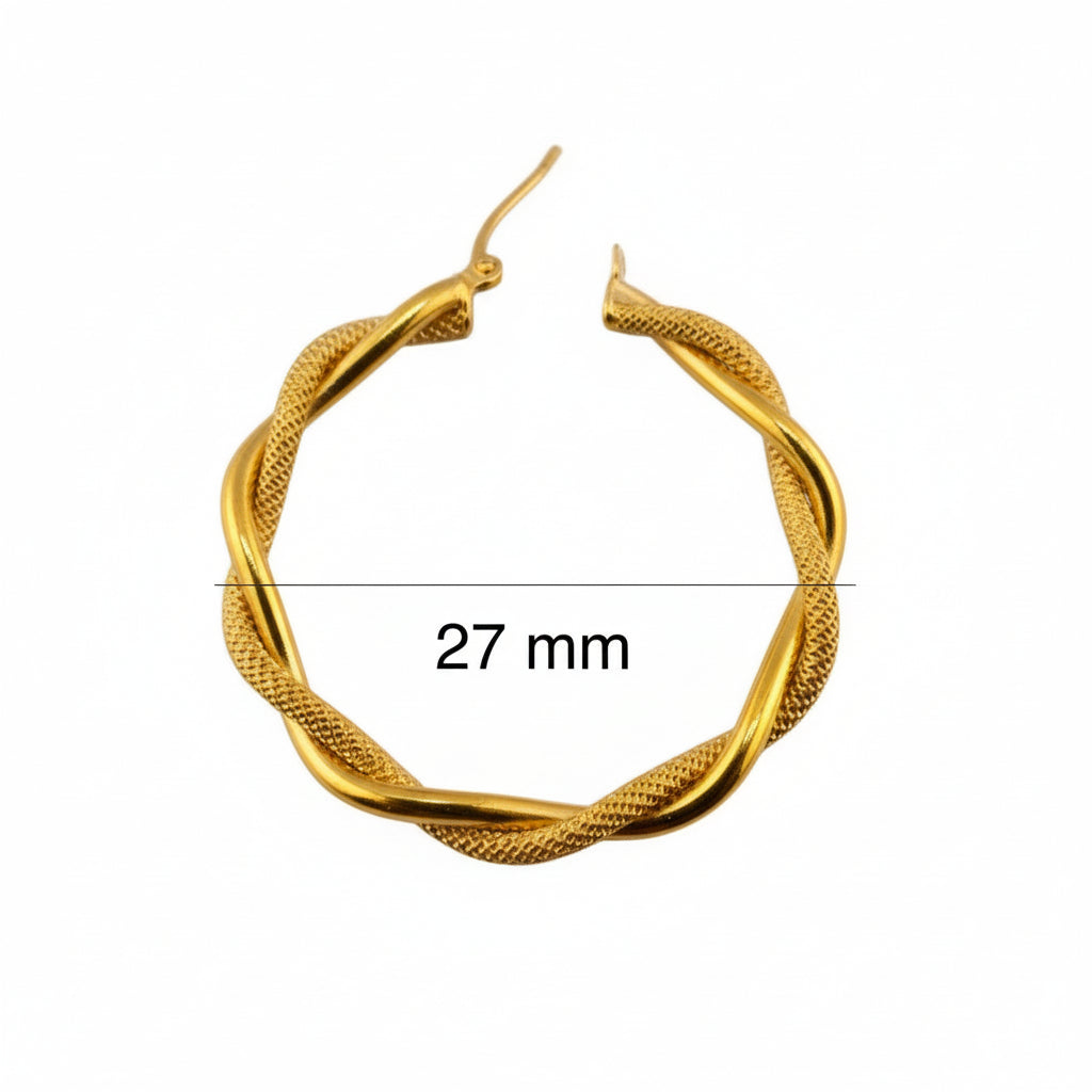 Aretes de aro dúo retorcidos en oro 14K con acabado satinado y liso – 27 mm de diámetro – Joyería TuOro
