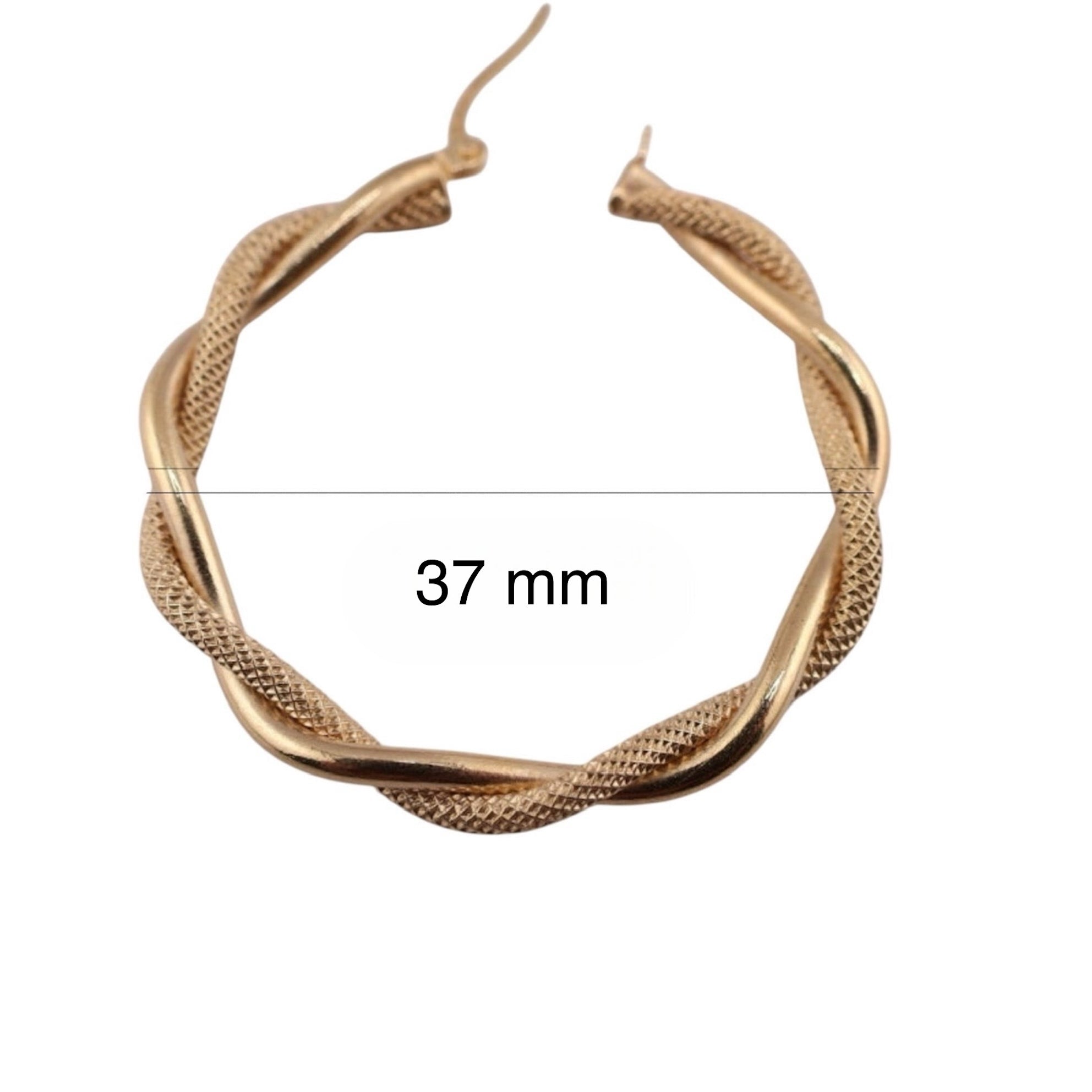Aretes de aro dúo retorcidos en oro 14K con acabado satinado y liso – 37 mm de diámetro – Joyería TuOro

