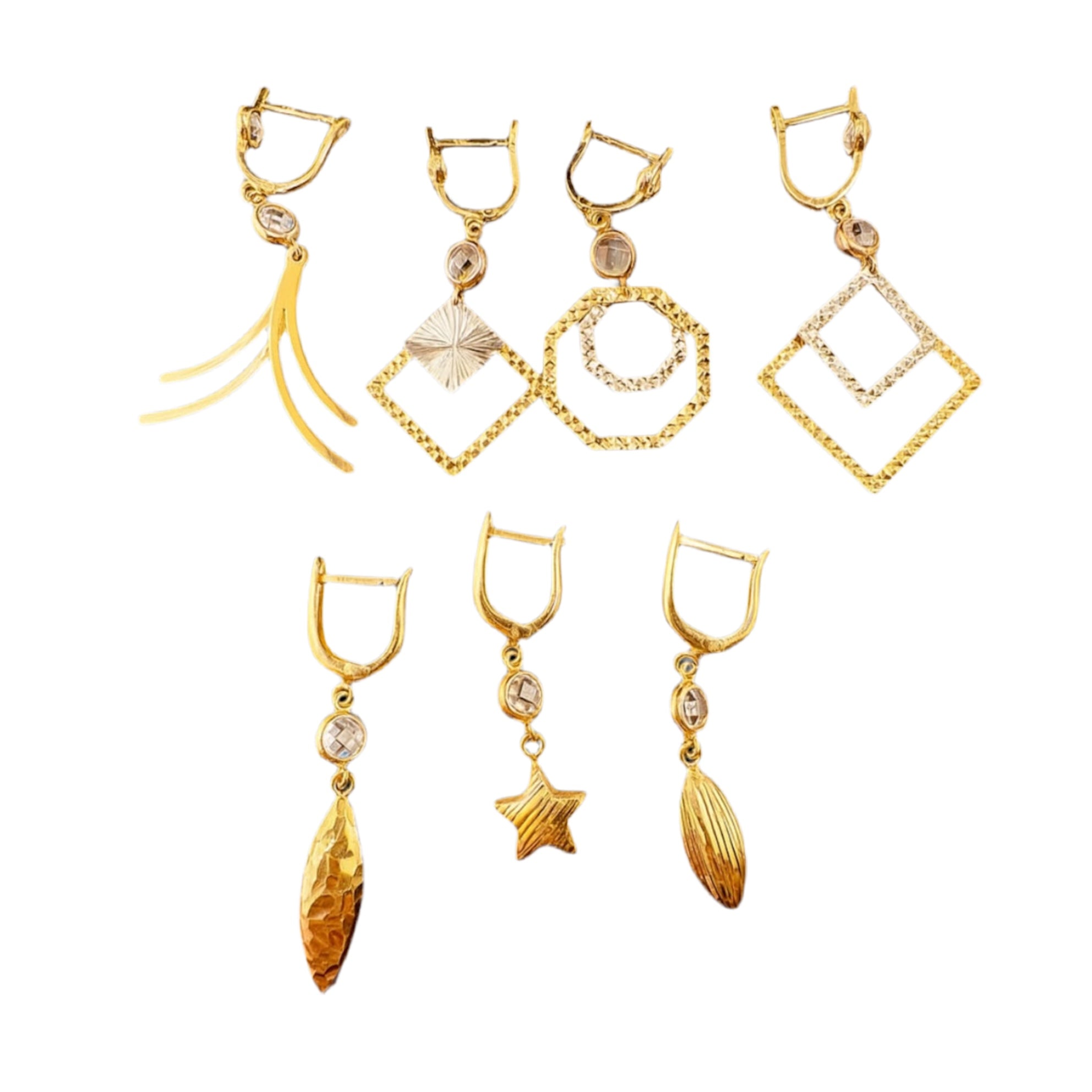 Aretes largos con cierre catalán en oro 14k con diseños colgantes geométricos, estrella y hoja, elegantes y modernos