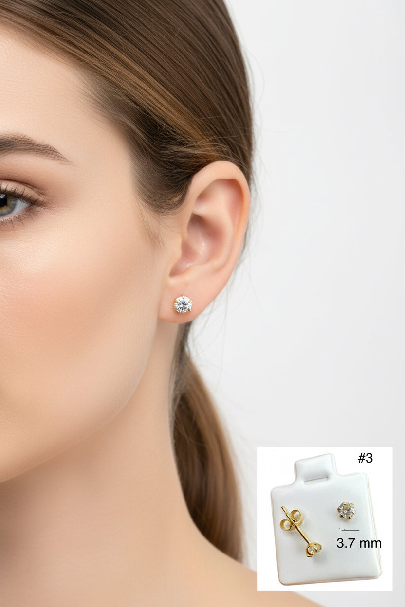 Aretes pequeños de oro 14K con circonia redonda brillante de 3.7 mm, diseño clásico con cierre mariposa para uso diario o regalo, TuOro.